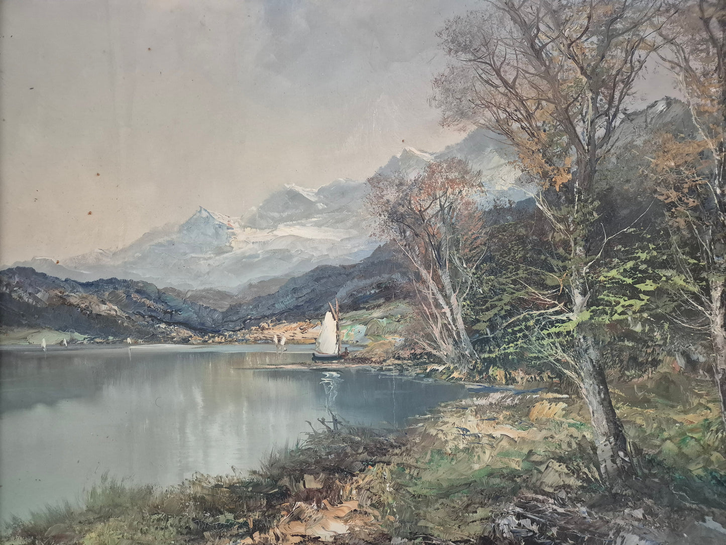 Ölgemälde Landschaft mit See Europäische Schule (XX) Handsigniert