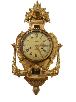 Schwedische Holz Cartell Wanduhr Schlüsselaufzug Barock 60cm