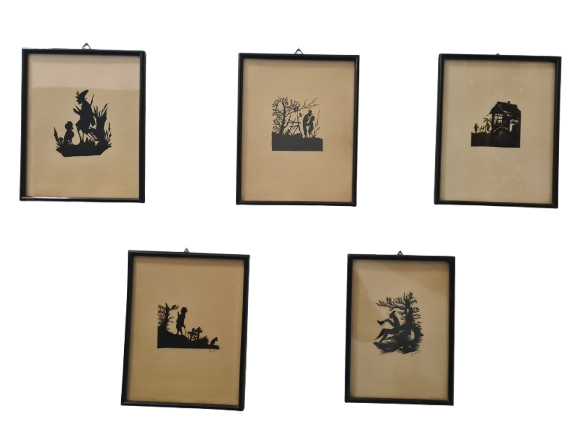 5 Stück Art Deco Scherenschnitt im Holzrahmen 22x18cm