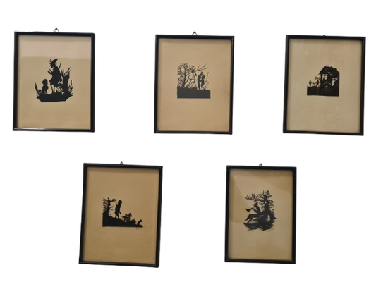 5 Stück Art Deco Scherenschnitt im Holzrahmen 22x18cm