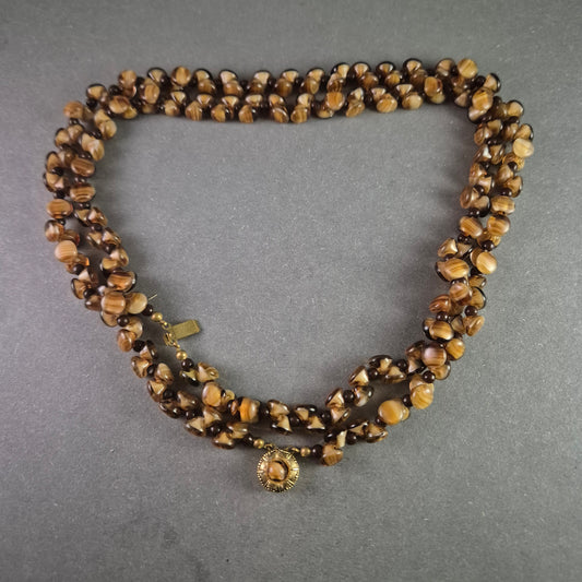 Exklusive Vintage-Halskette mit dreireihigen Tigeraugen-Glasperlen