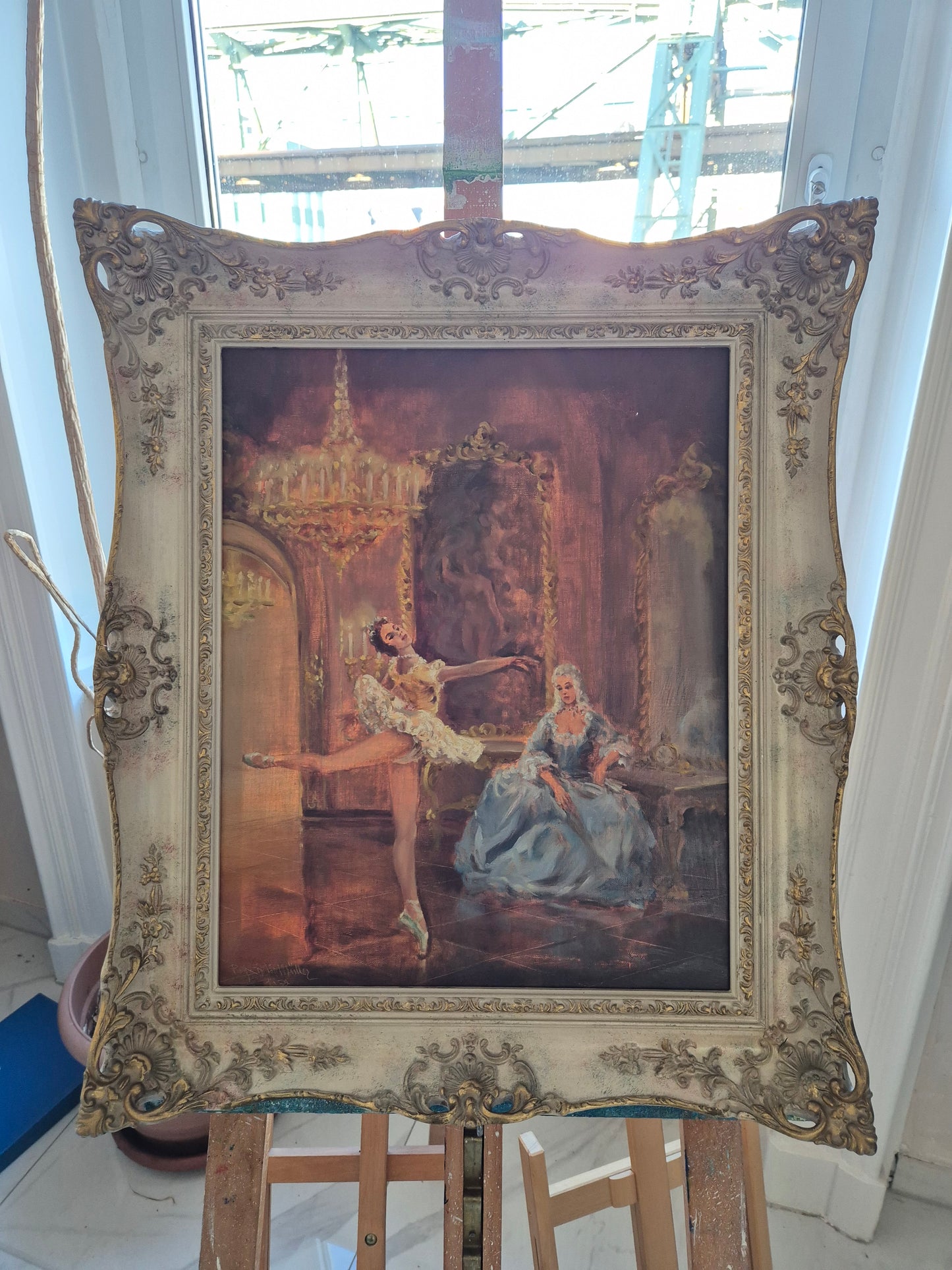 Prof Arthur Müller (XX) Ölgemälde Rokoko Saal mit Ballerina 65x55cm