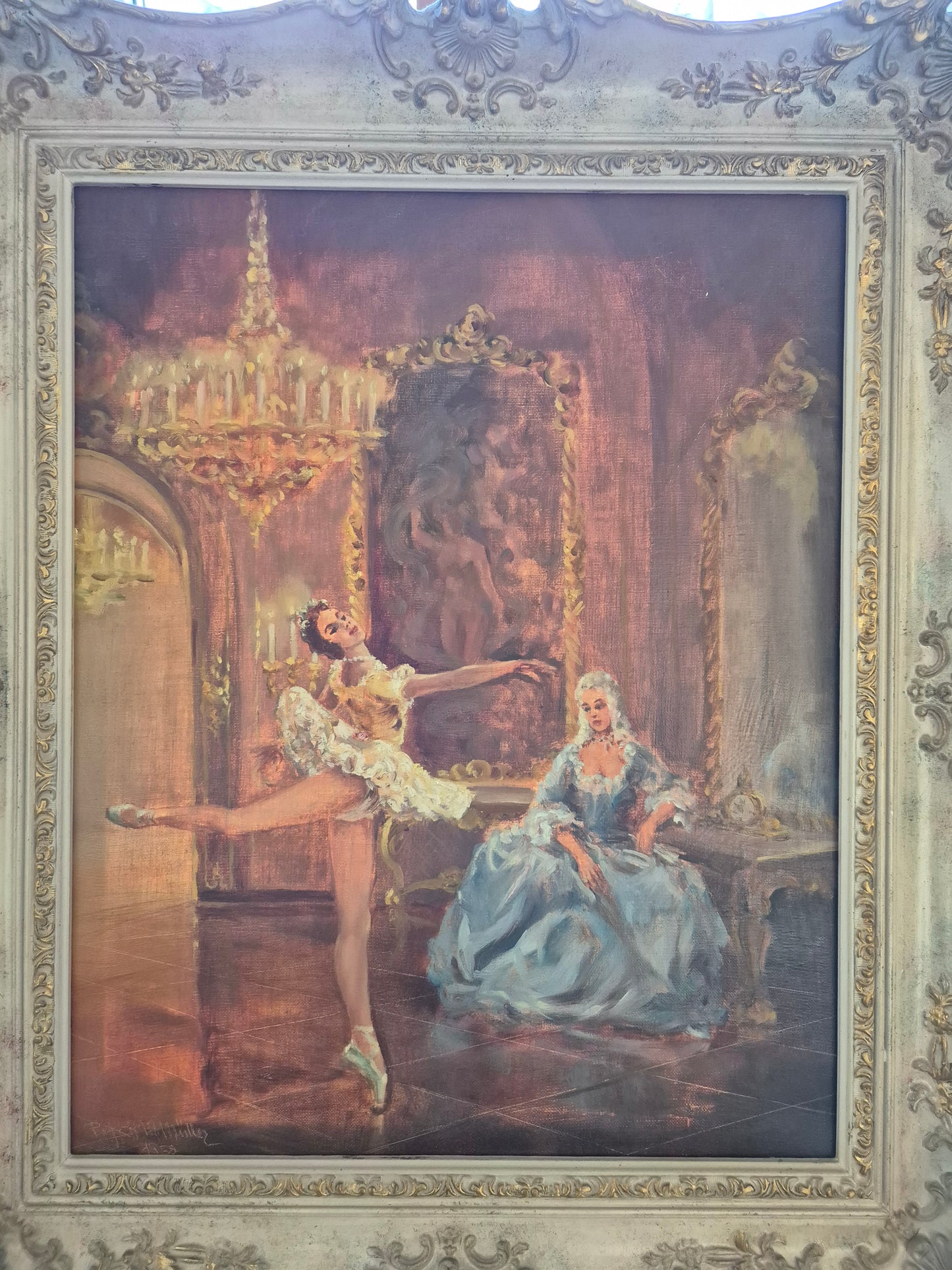 Prof Arthur Müller (XX) Ölgemälde Rokoko Saal mit Ballerina 65x55cm