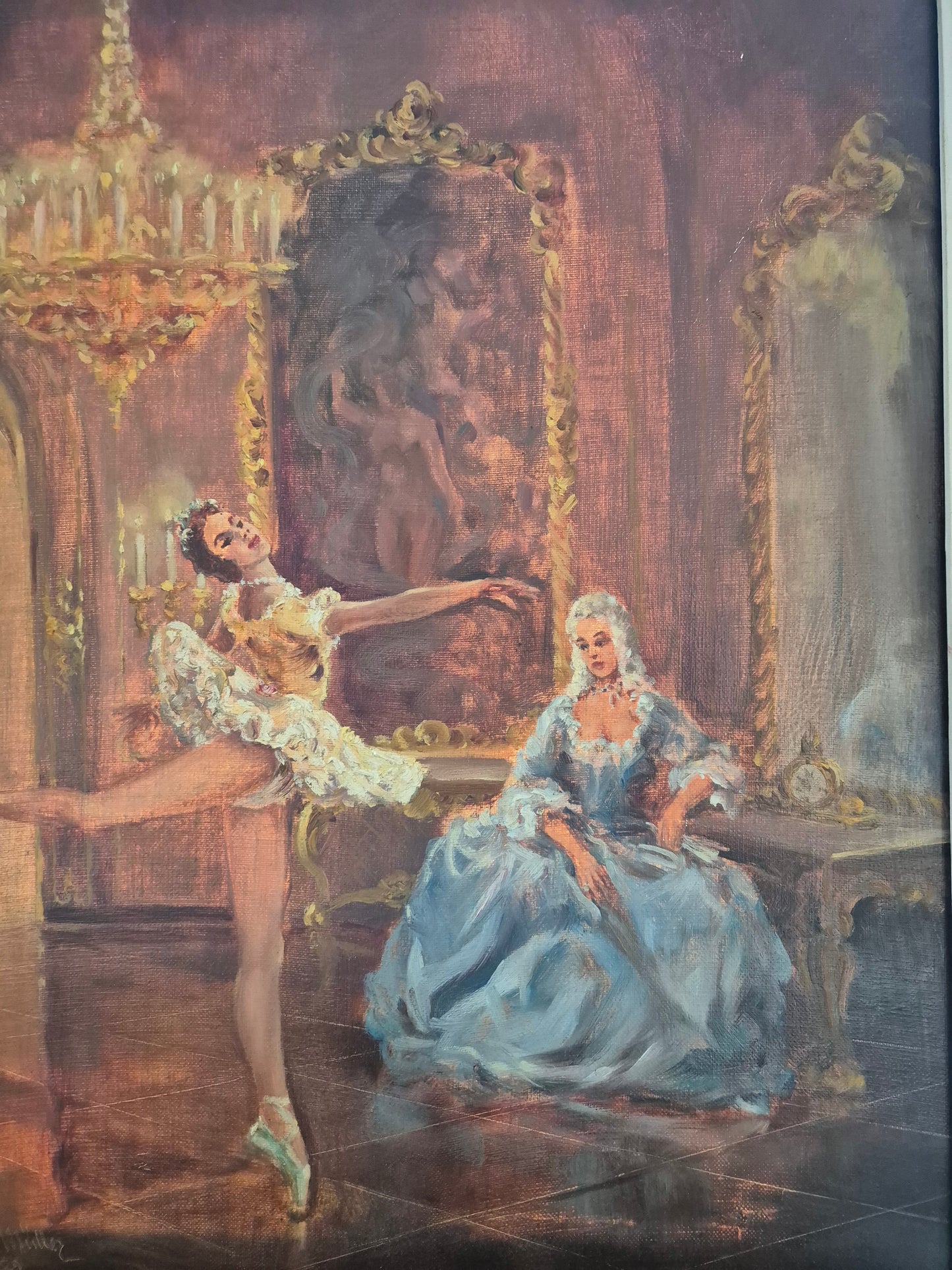 Prof Arthur Müller (XX) Ölgemälde Rokoko Saal mit Ballerina 65x55cm