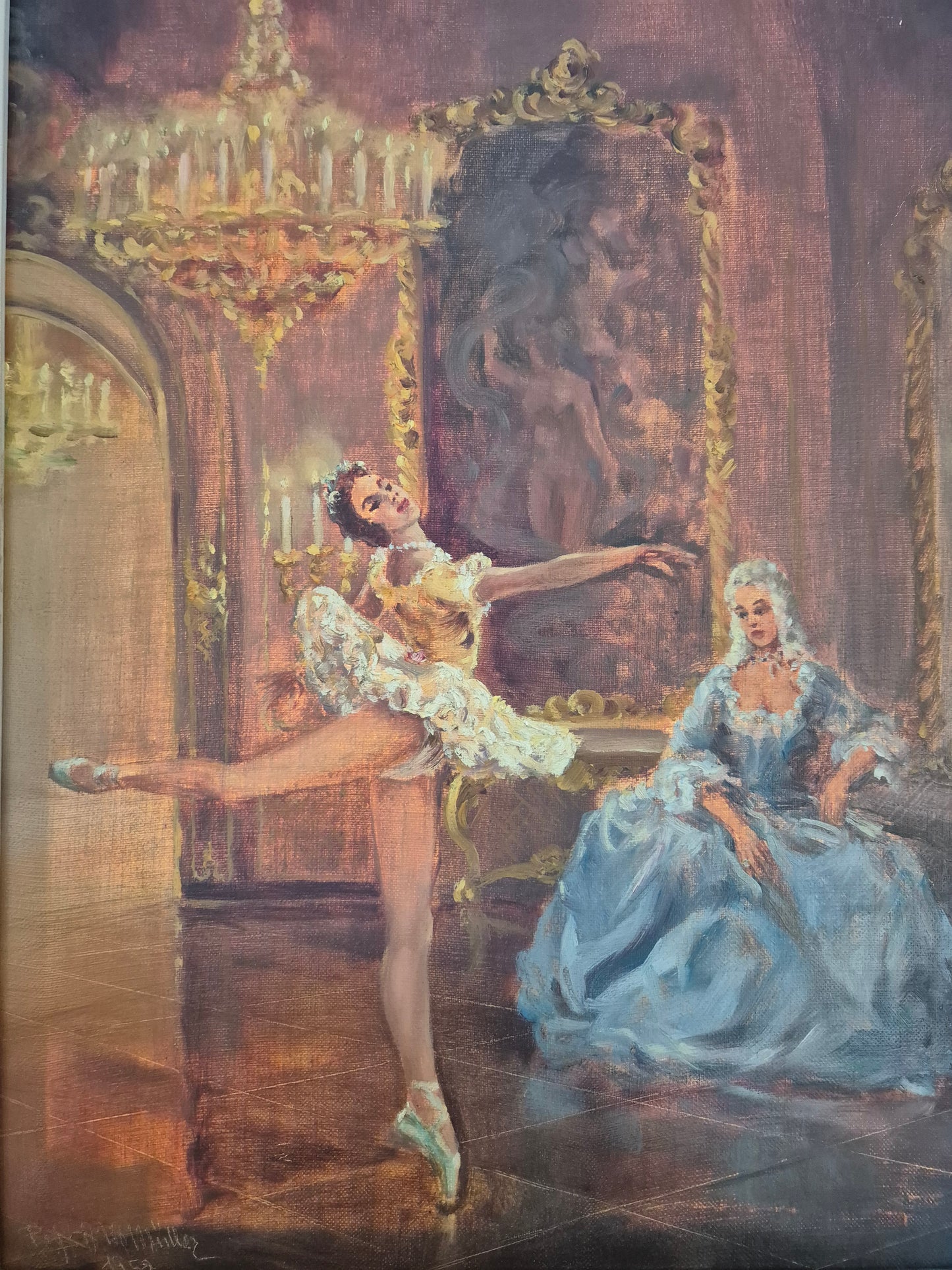 Prof Arthur Müller (XX) Ölgemälde Rokoko Saal mit Ballerina 65x55cm