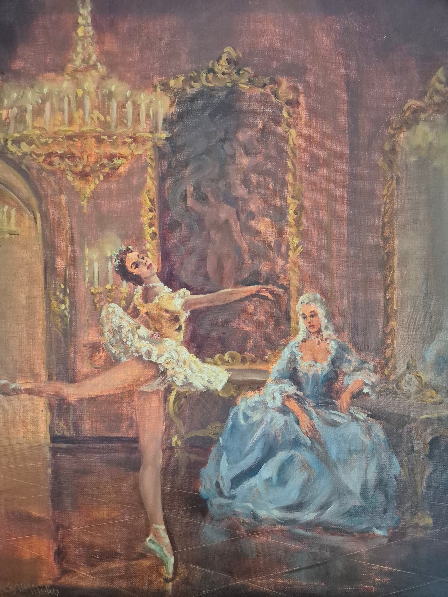 Prof Arthur Müller (XX) Ölgemälde Rokoko Saal mit Ballerina 65x55cm