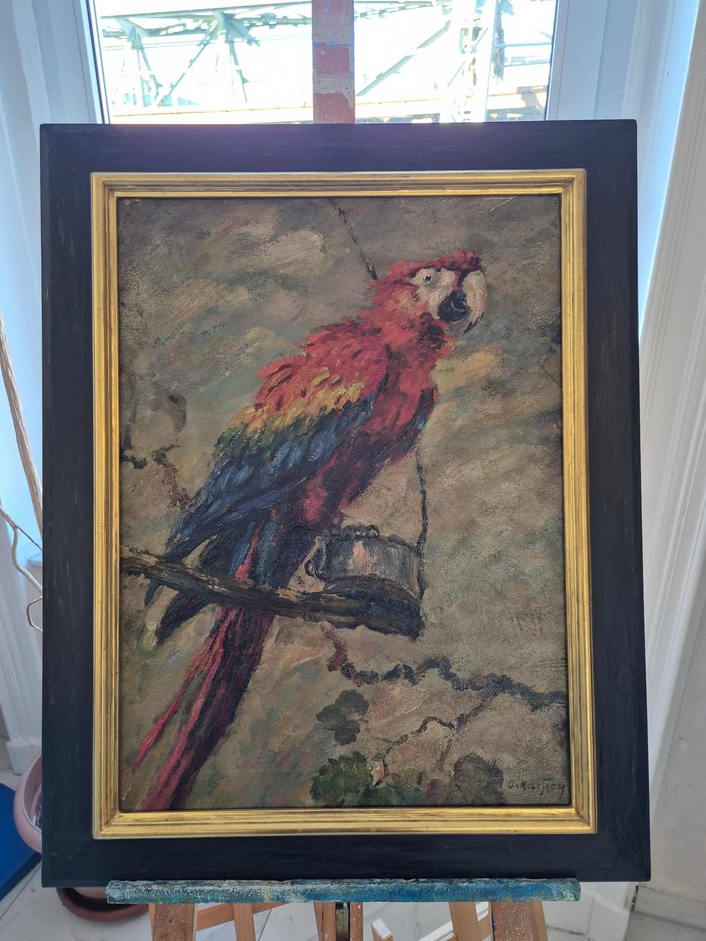 Oskar Frey (1883-1966) Ölgemälde Papagei mit Buntem Gefieder 82x65cm