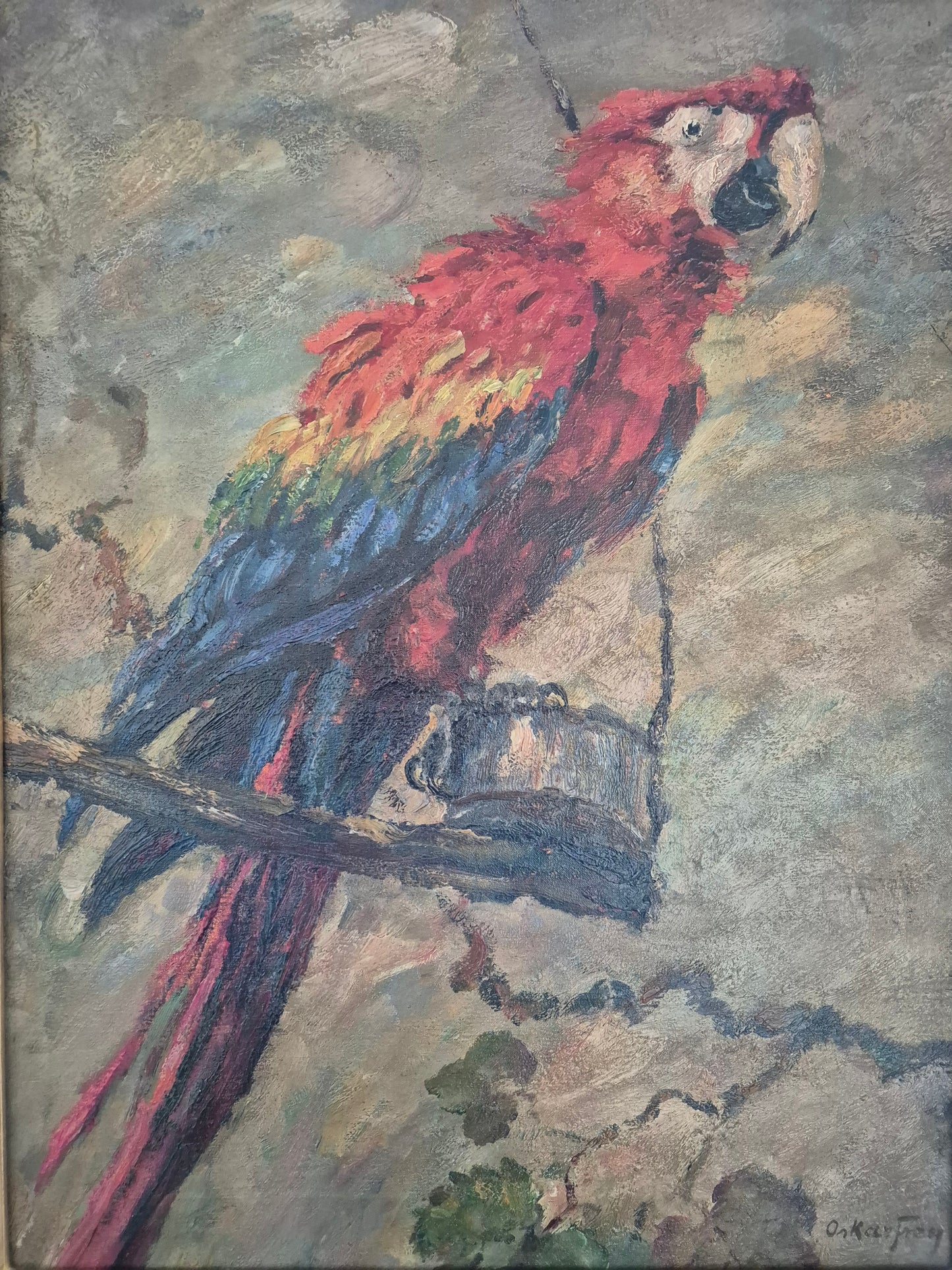 Oskar Frey (1883-1966) Ölgemälde Papagei mit Buntem Gefieder 82x65cm