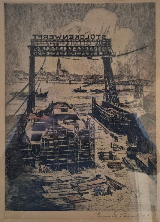 Bruno Reinhold (1891-?) Radierung Hamburger Hafen Schiffswerft Steinwerder