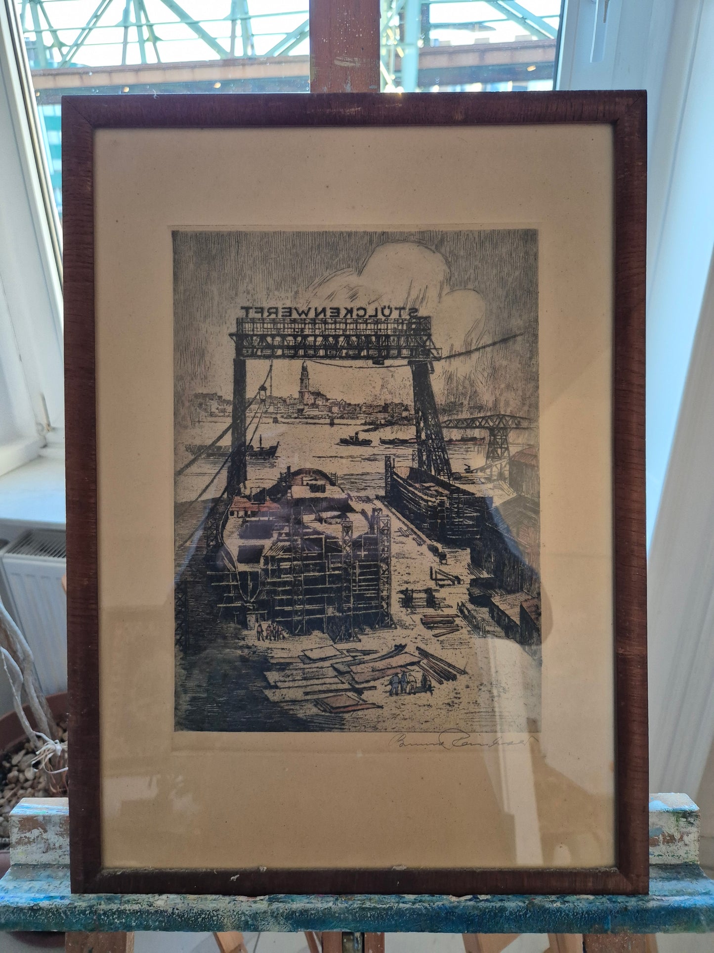 Bruno Reinhold (1891-?) Radierung Hamburger Hafen Schiffswerft Steinwerder