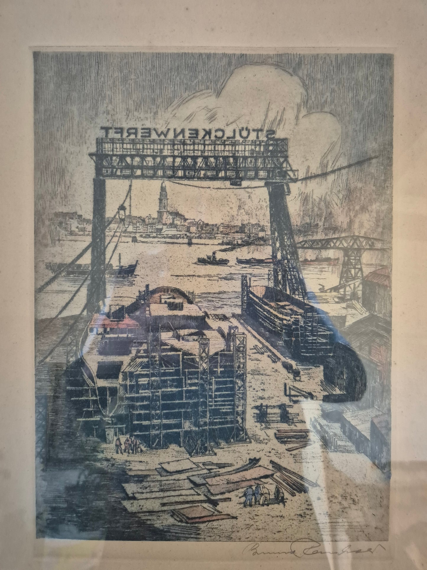 Bruno Reinhold (1891-?) Radierung Hamburger Hafen Schiffswerft Steinwerder