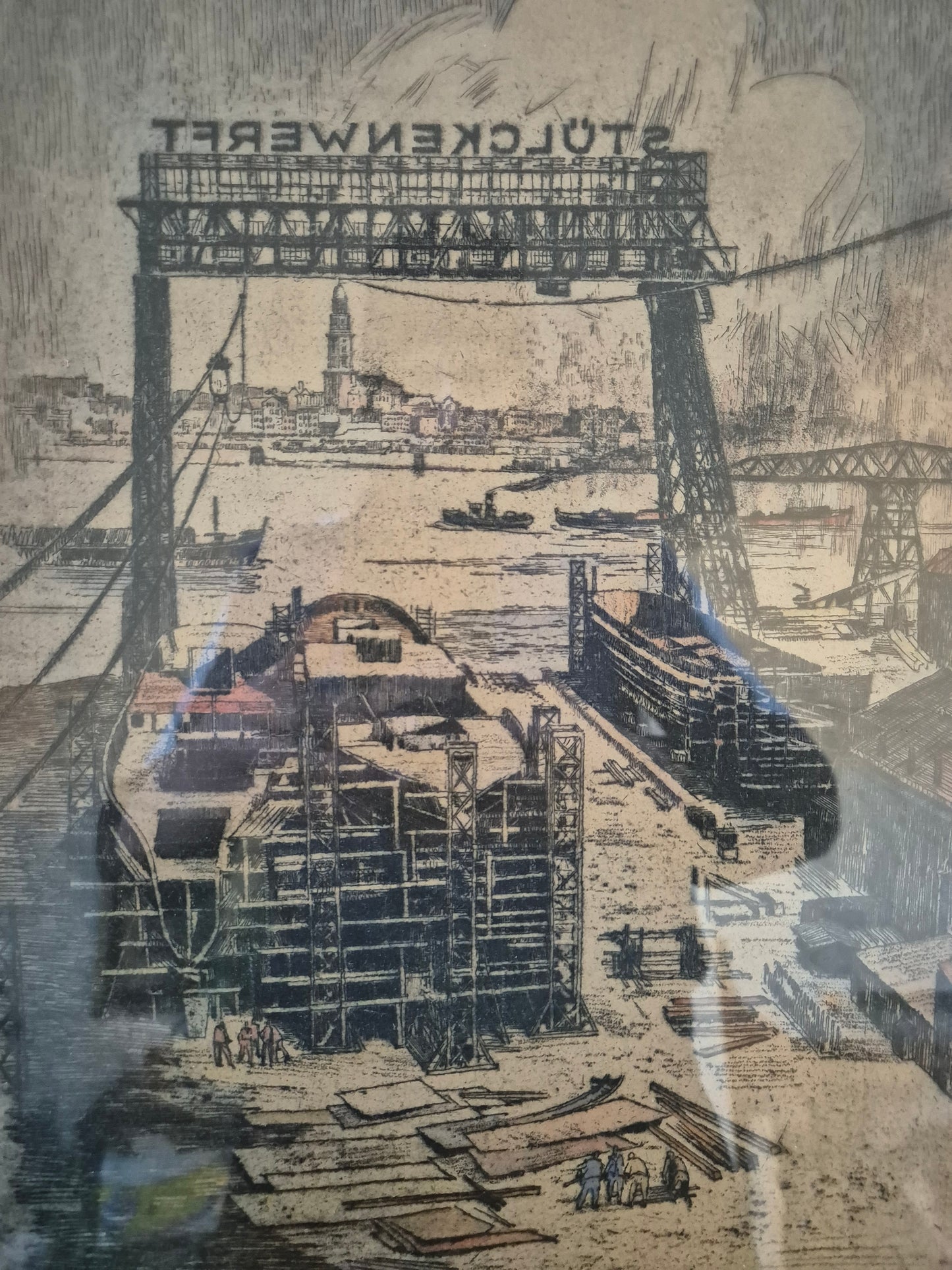 Bruno Reinhold (1891-?) Radierung Hamburger Hafen Schiffswerft Steinwerder