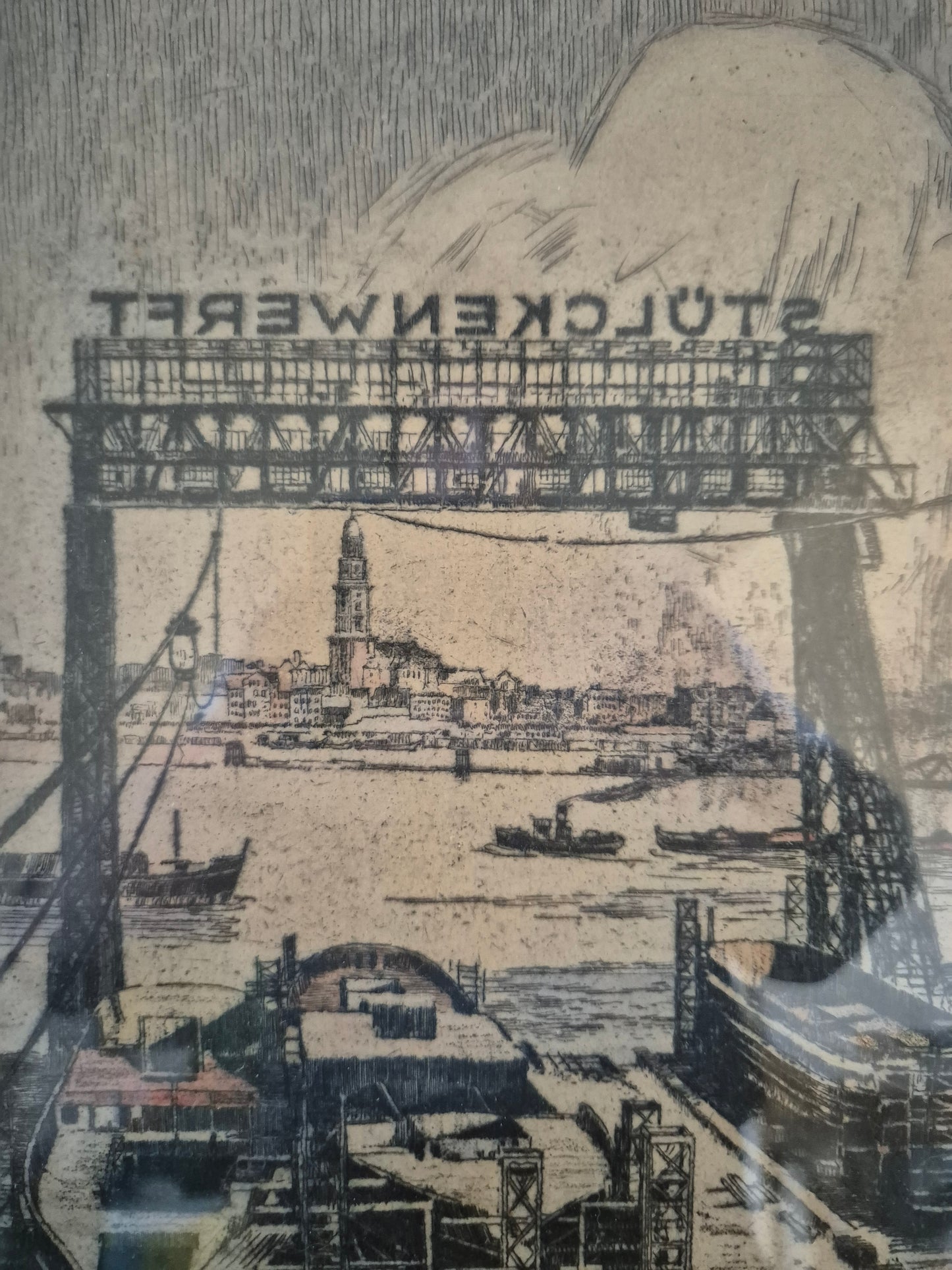 Bruno Reinhold (1891-?) Radierung Hamburger Hafen Schiffswerft Steinwerder