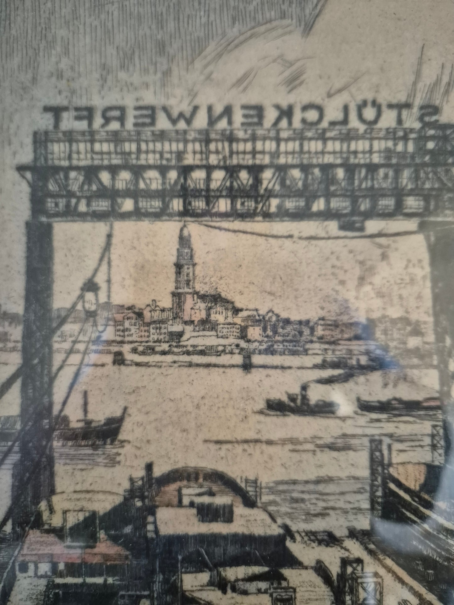 Bruno Reinhold (1891-?) Radierung Hamburger Hafen Schiffswerft Steinwerder