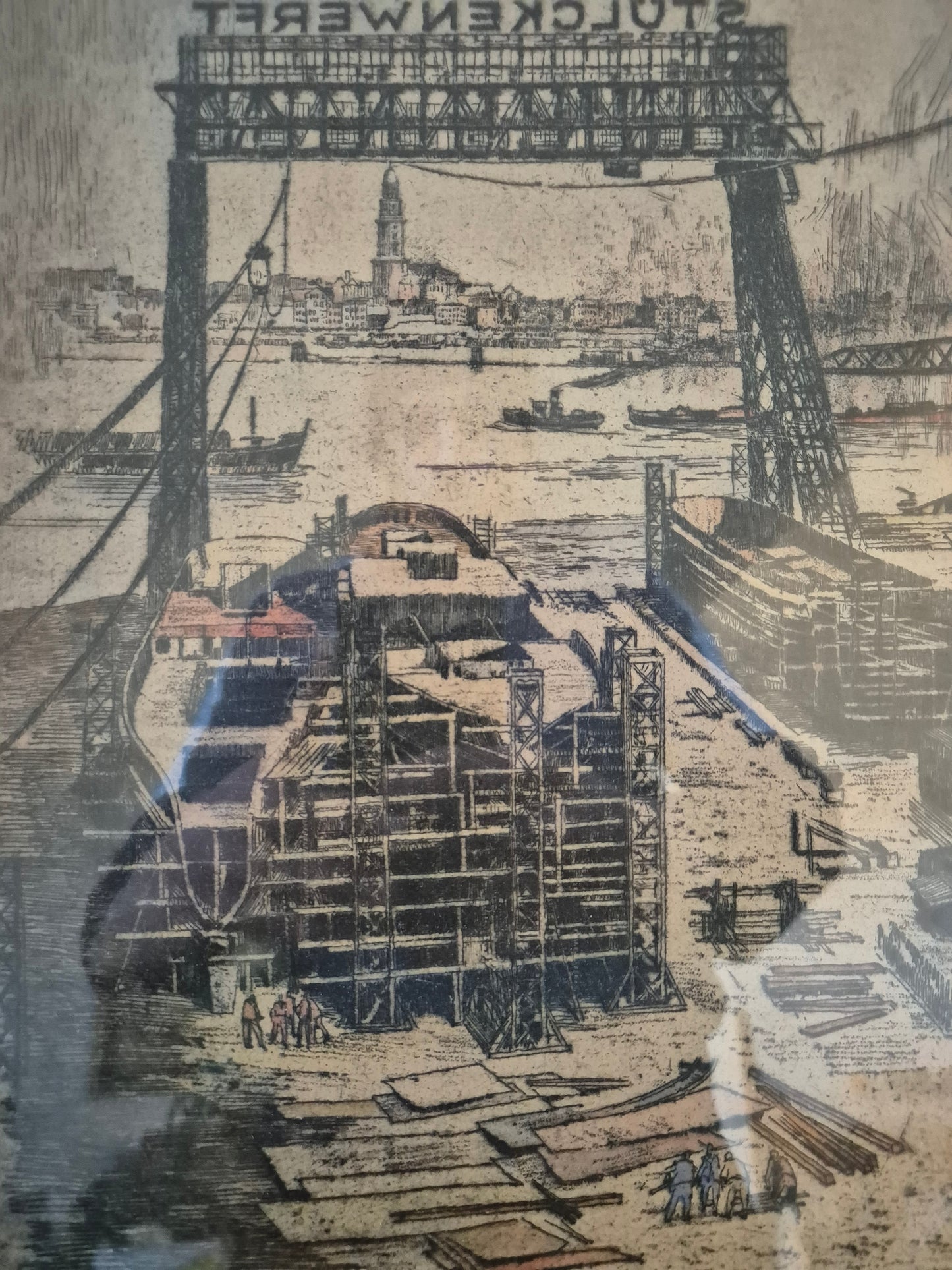Bruno Reinhold (1891-?) Radierung Hamburger Hafen Schiffswerft Steinwerder