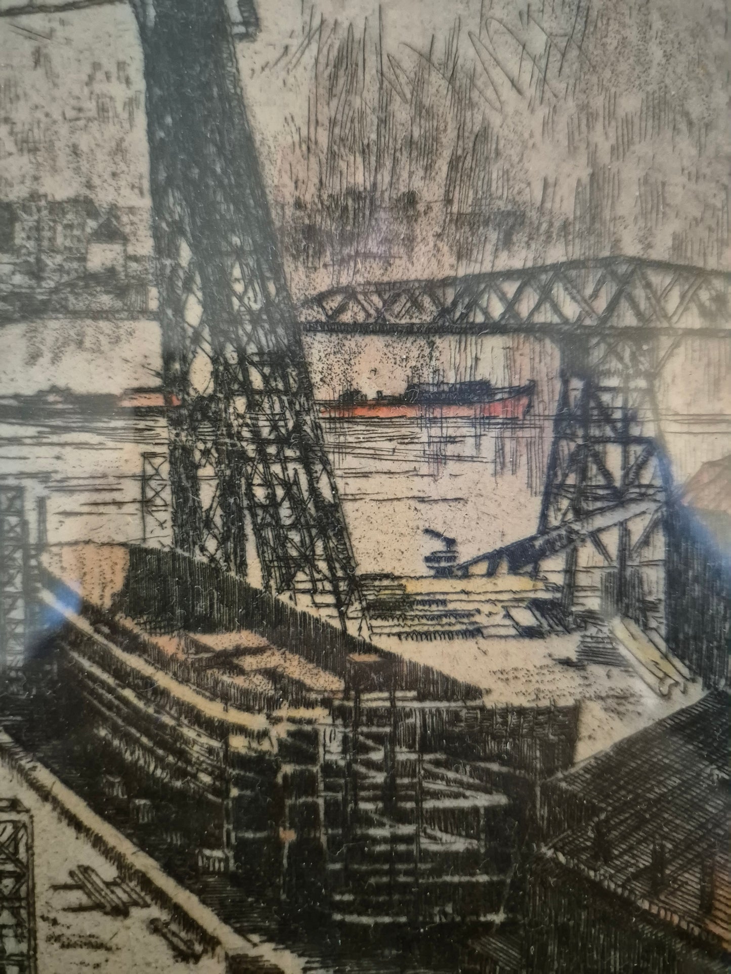 Bruno Reinhold (1891-?) Radierung Hamburger Hafen Schiffswerft Steinwerder