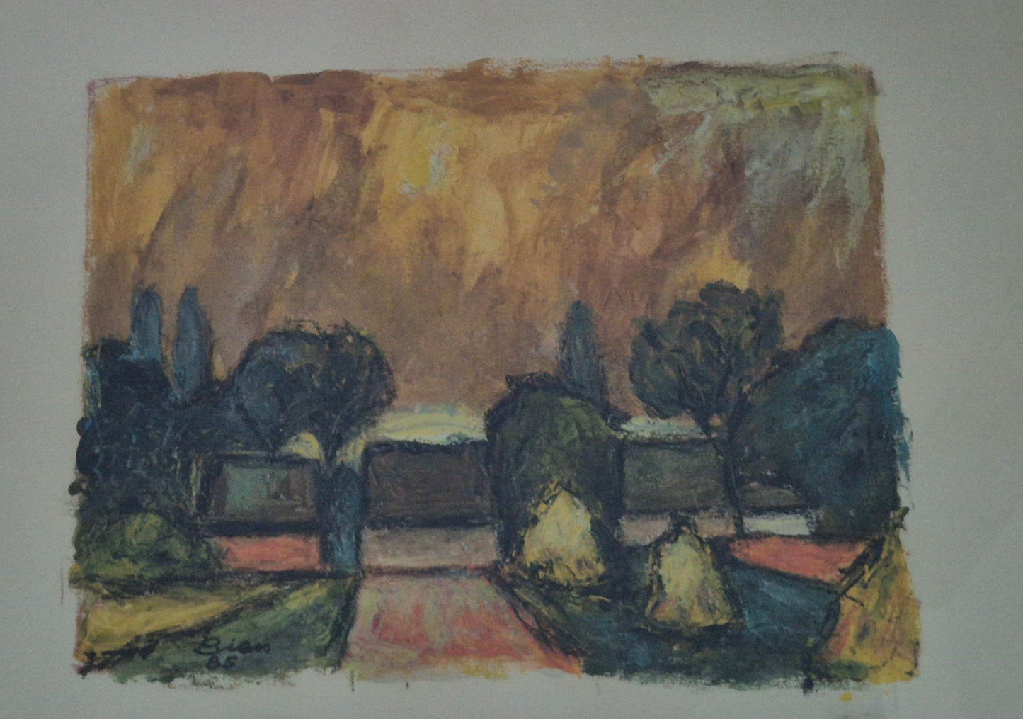 Fritz Bien (1909-2001) Malerei Expressive Landschaft gerahmt hinter Glas