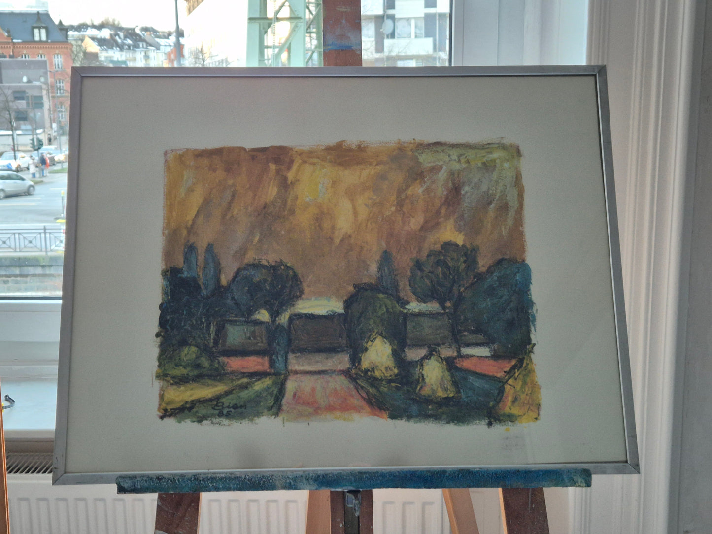 Fritz Bien (1909-2001) Malerei Expressive Landschaft gerahmt hinter Glas