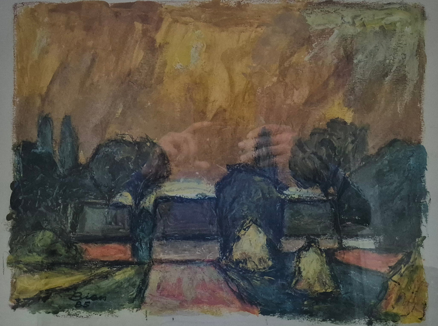 Fritz Bien (1909-2001) Malerei Expressive Landschaft gerahmt hinter Glas