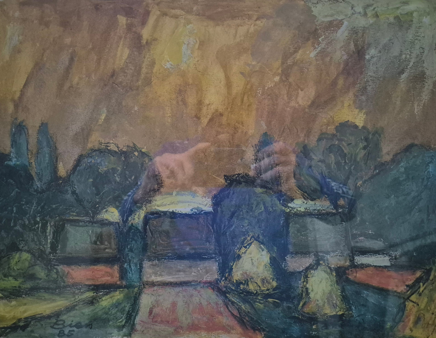 Fritz Bien (1909-2001) Malerei Expressive Landschaft gerahmt hinter Glas