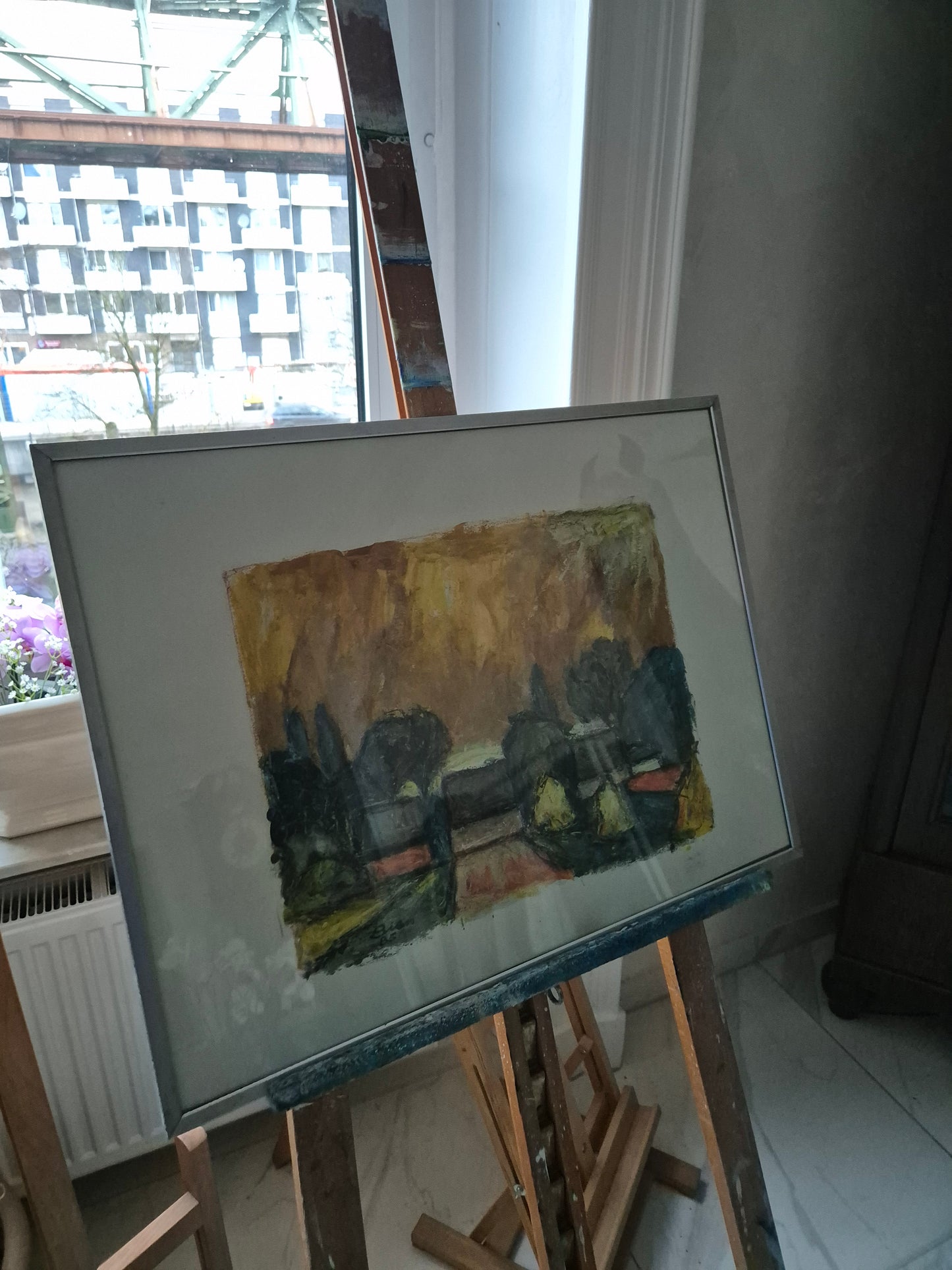 Fritz Bien (1909-2001) Malerei Expressive Landschaft gerahmt hinter Glas