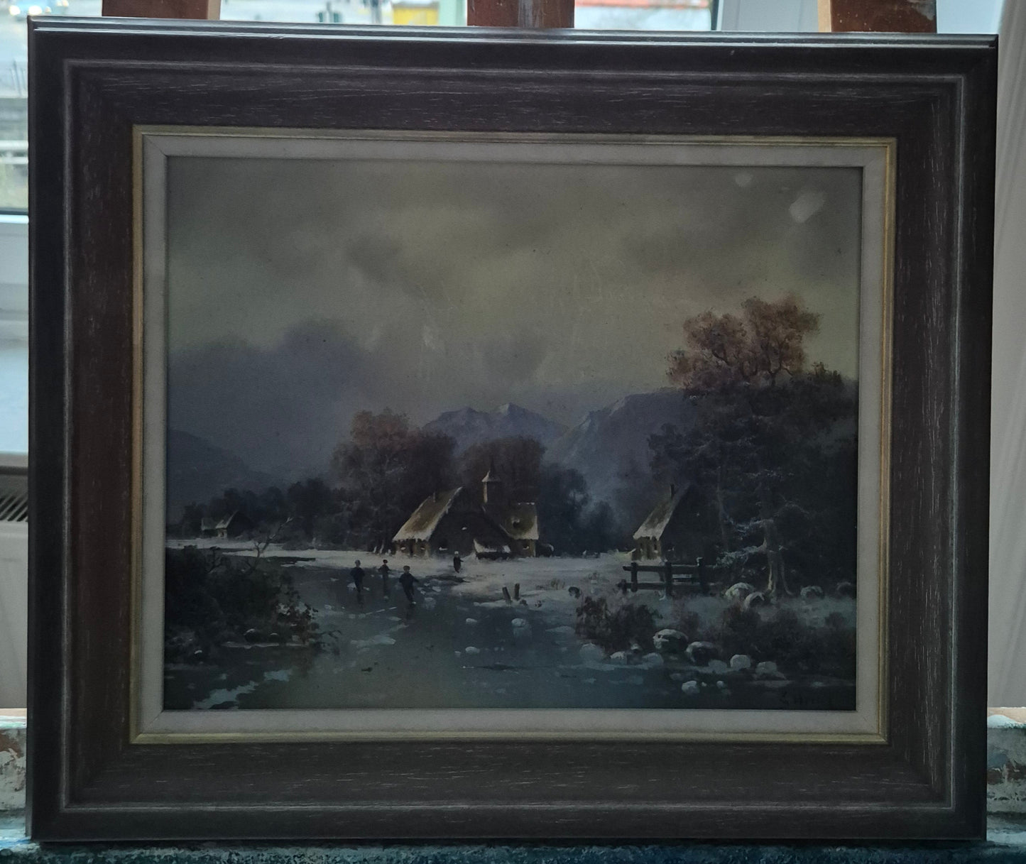 G. Heinz (XX) Ölgemälde Winterlandschaft Eislandschaft mit Dorf 34x39cm