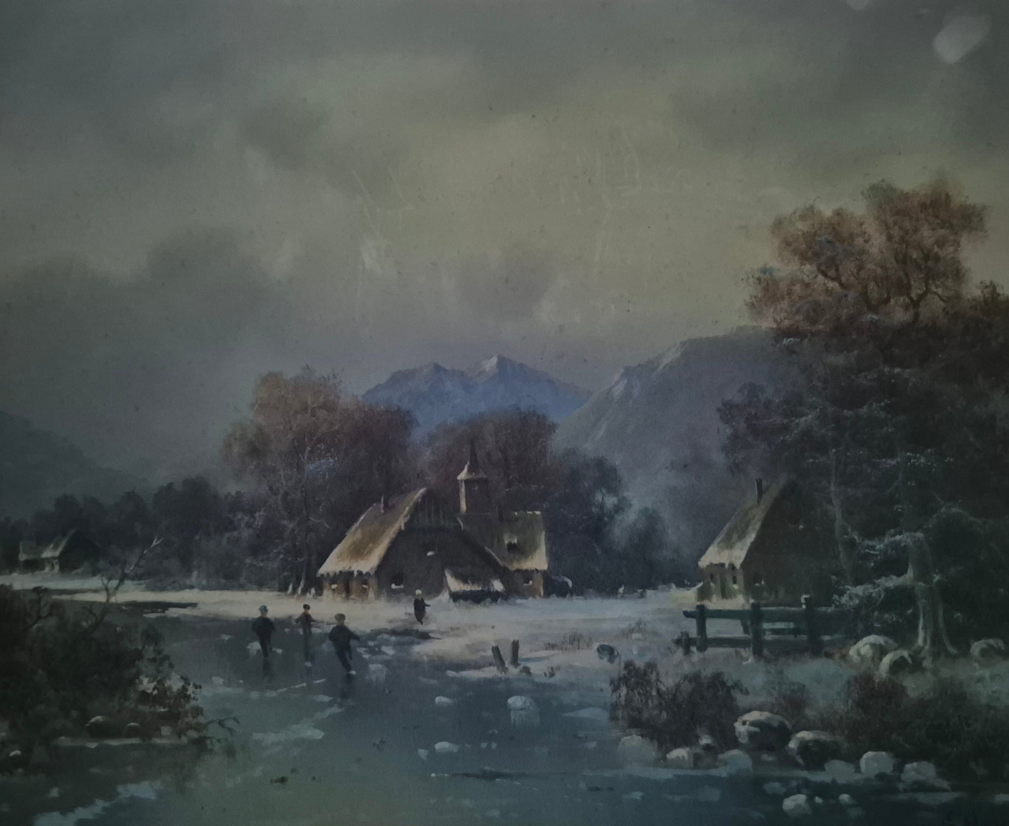 G. Heinz (XX) Ölgemälde Winterlandschaft Eislandschaft mit Dorf 34x39cm