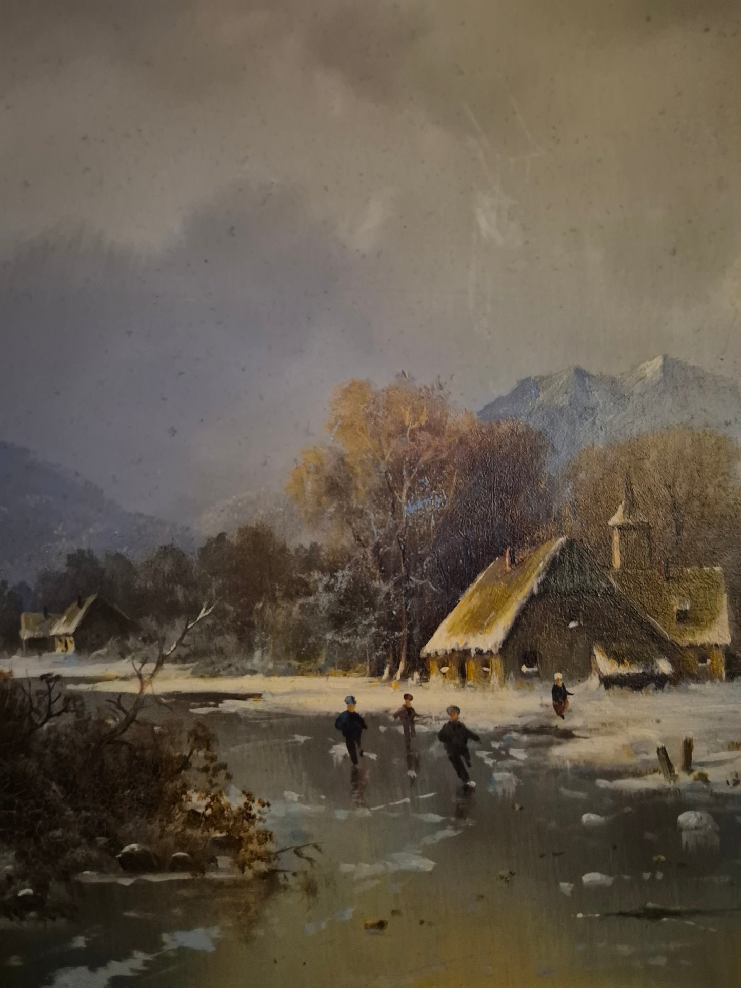 G. Heinz (XX) Ölgemälde Winterlandschaft Eislandschaft mit Dorf 34x39cm
