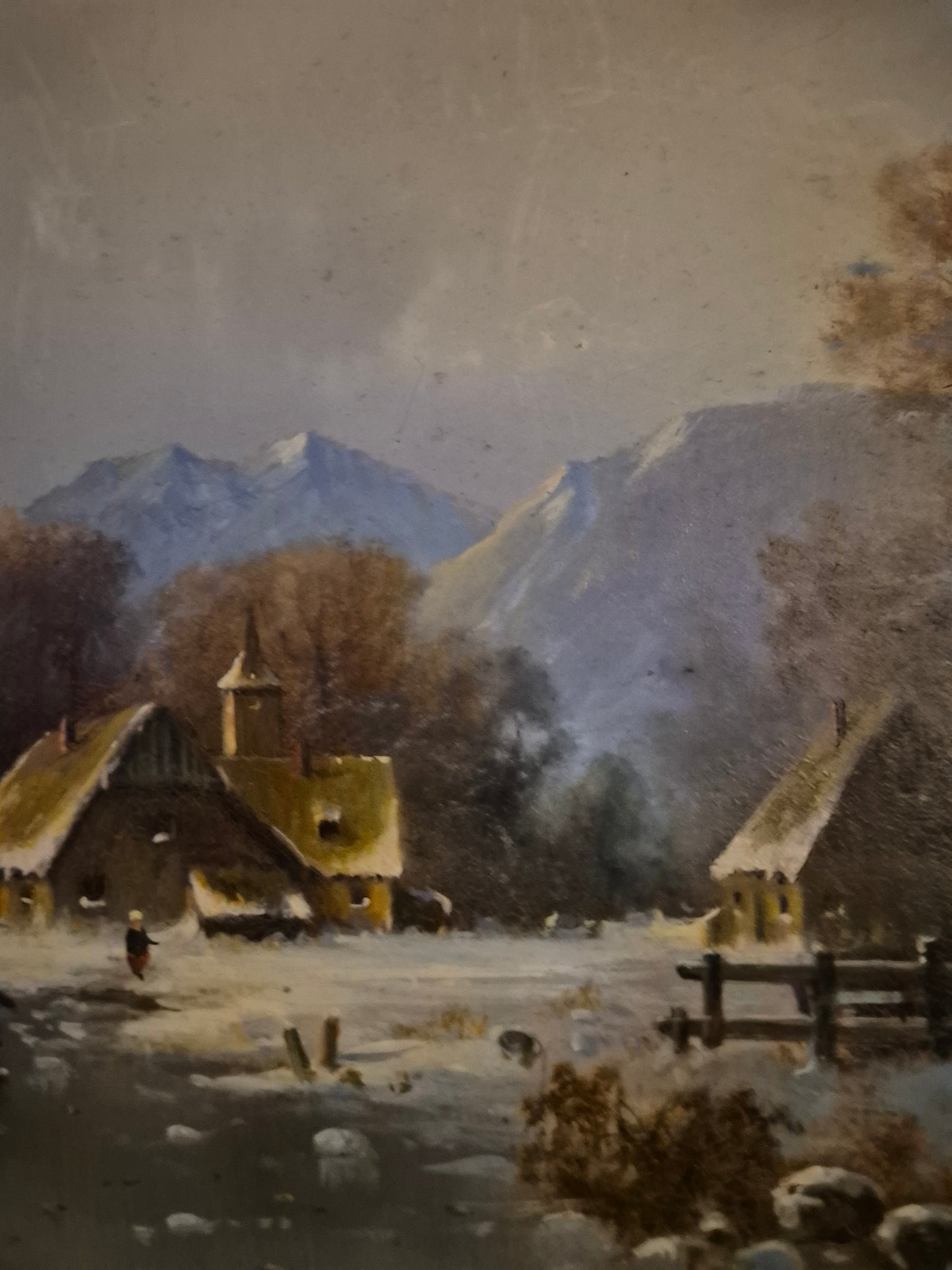 G. Heinz (XX) Ölgemälde Winterlandschaft Eislandschaft mit Dorf 34x39cm