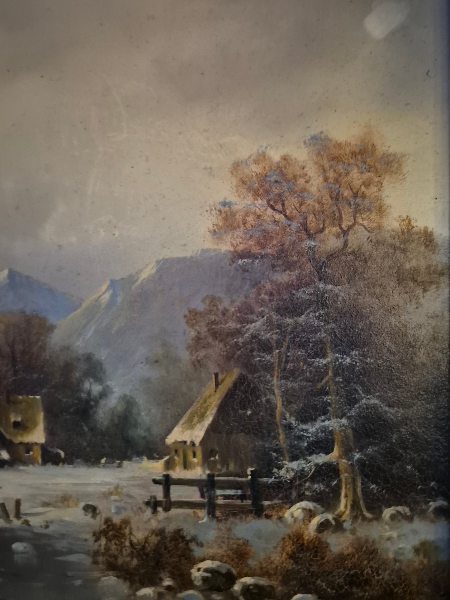 G. Heinz (XX) Ölgemälde Winterlandschaft Eislandschaft mit Dorf 34x39cm