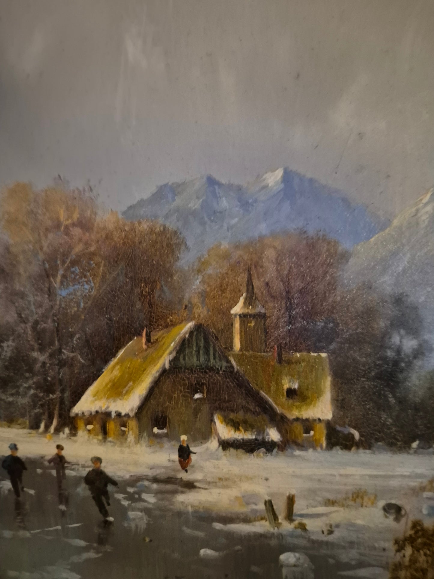 G. Heinz (XX) Ölgemälde Winterlandschaft Eislandschaft mit Dorf 34x39cm