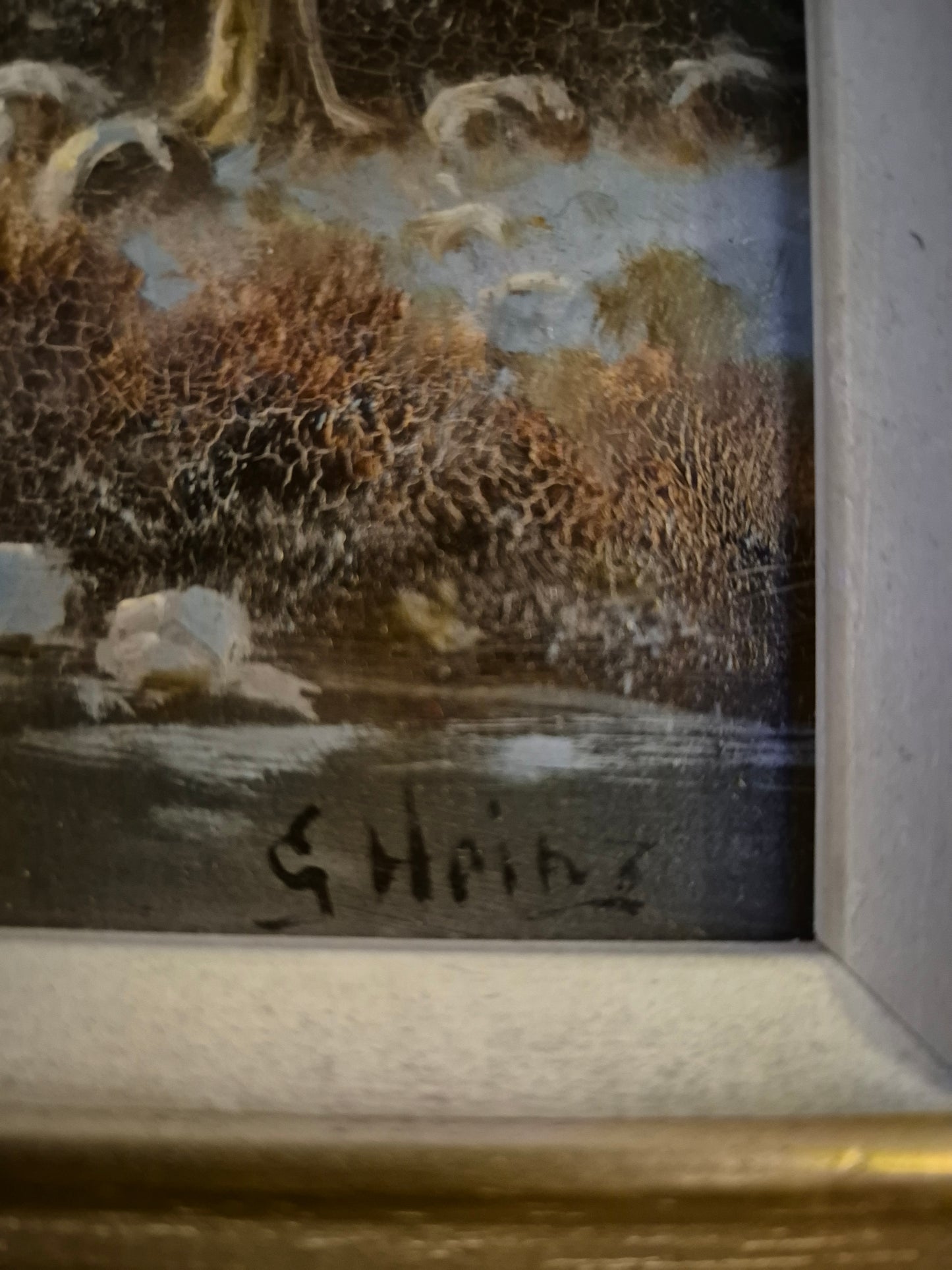 G. Heinz (XX) Ölgemälde Winterlandschaft Eislandschaft mit Dorf 34x39cm