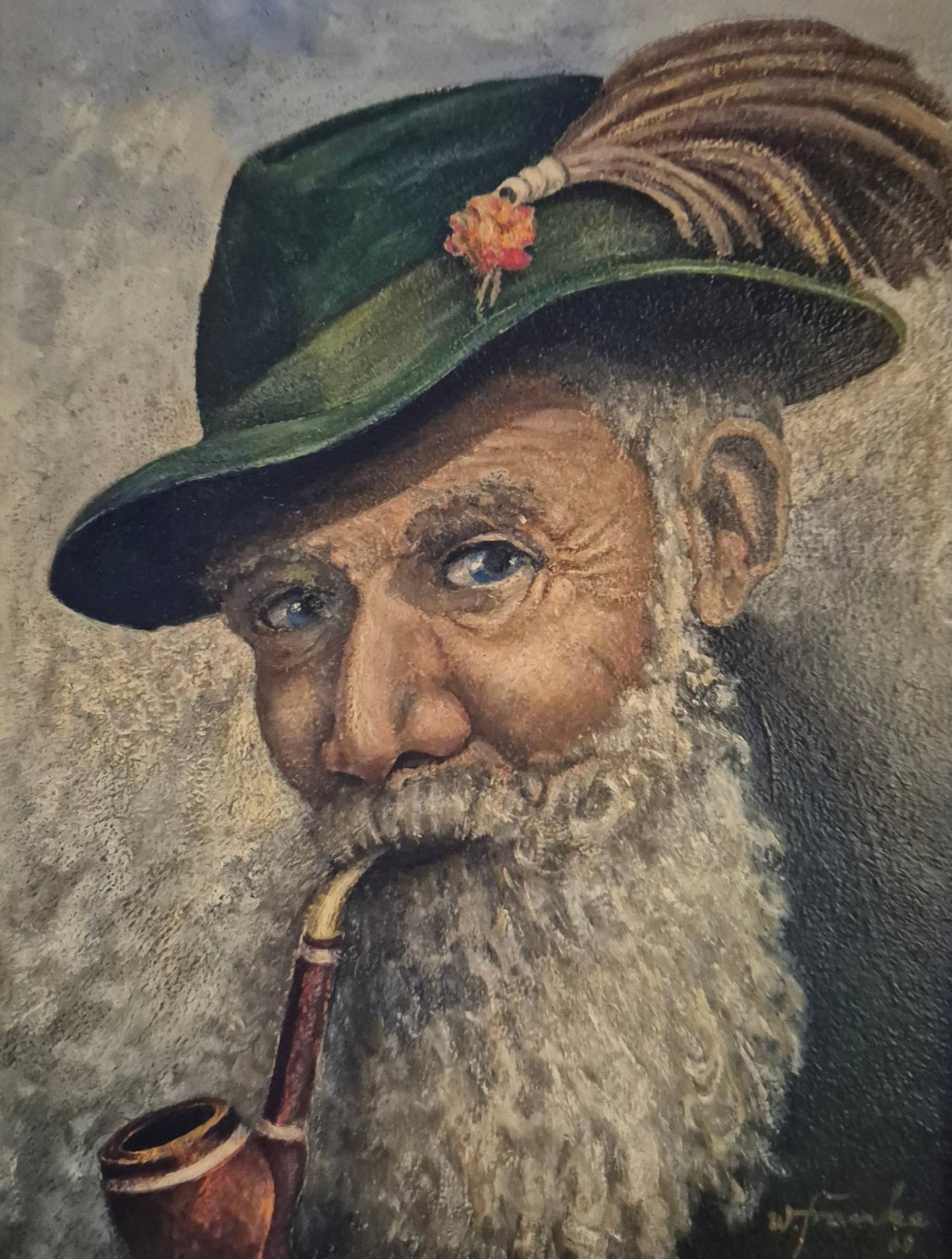 W. Fränke (1969) Ölgemälde Portrait Bärtiger Mann mit Pfeife 37x31,5cm