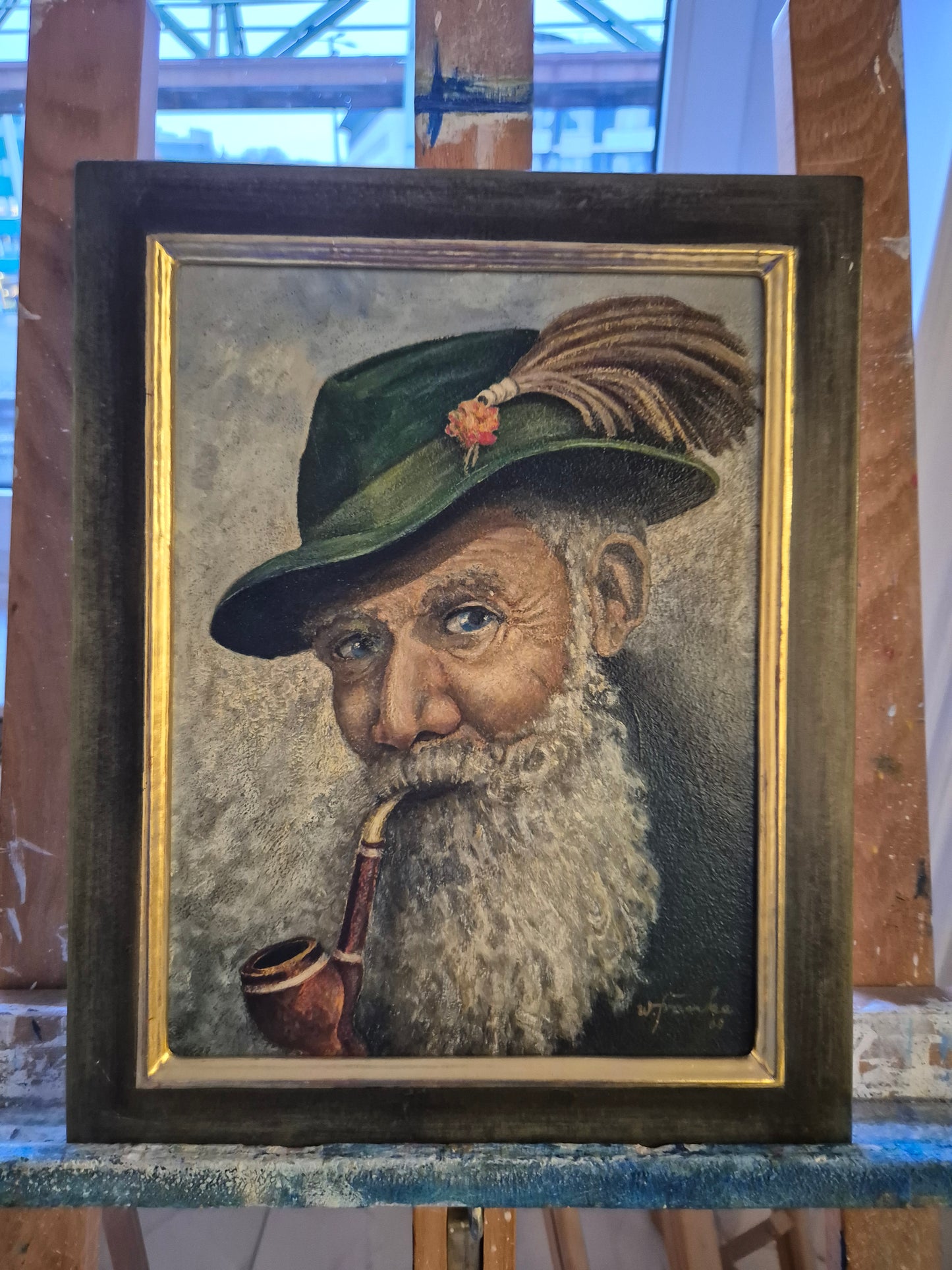 W. Fränke (1969) Ölgemälde Portrait Bärtiger Mann mit Pfeife 37x31,5cm