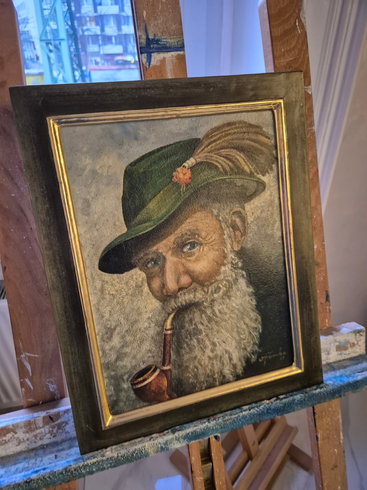 W. Fränke (1969) Ölgemälde Portrait Bärtiger Mann mit Pfeife 37x31,5cm