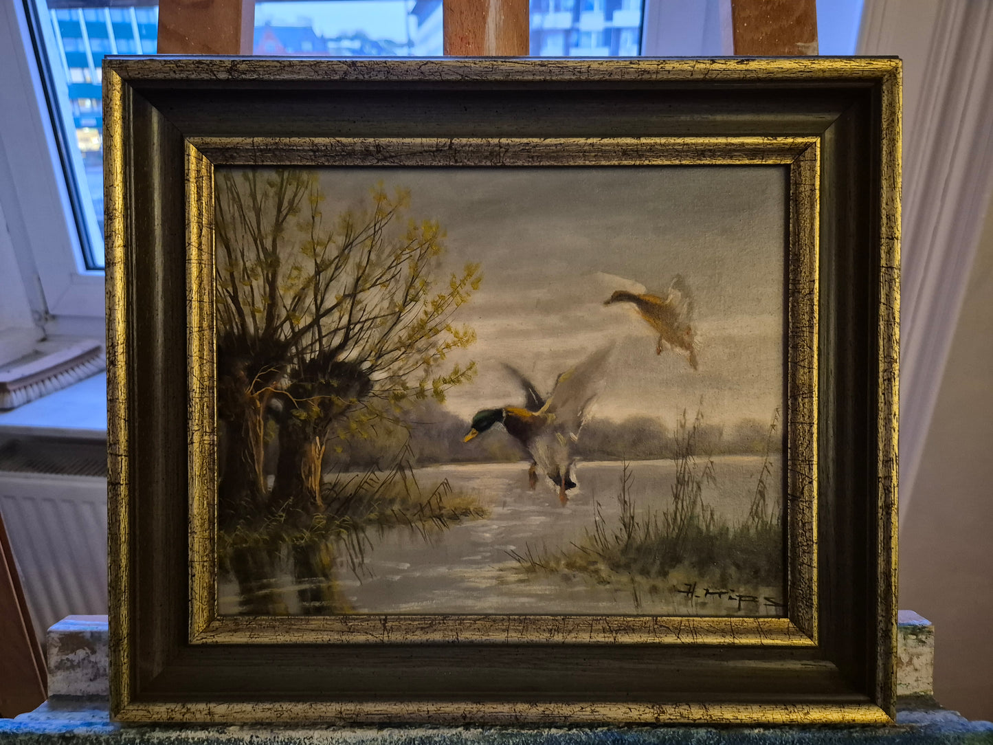 Helmut Kips (geb. 1937) Ölgemälde zwei Enten im Landeanflug auf einen See