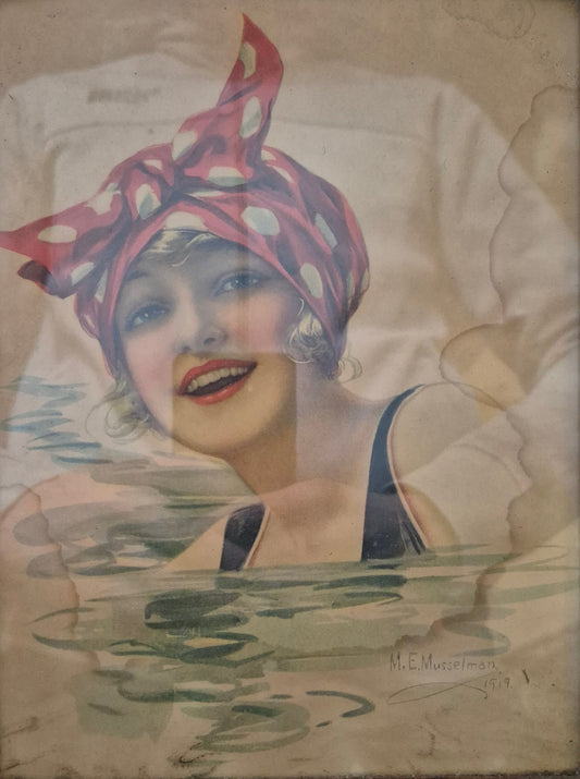 M.E. Musellman (XX) Grafik Lithographie Junges Mädel Gerahmt