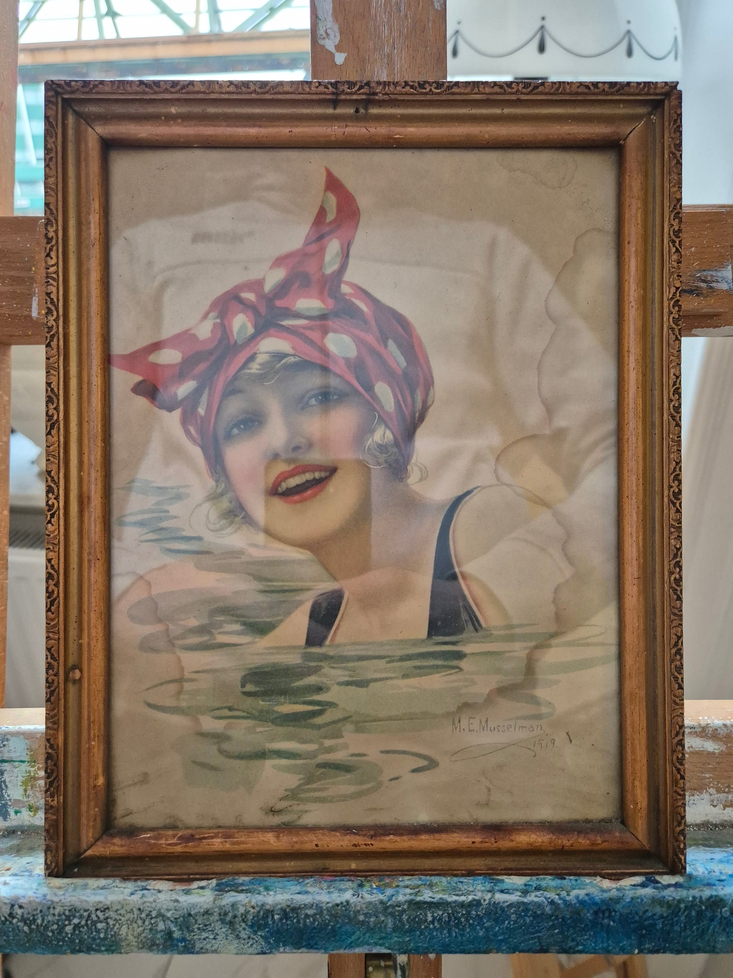 M.E. Musellman (XX) Grafik Lithographie Junges Mädel Gerahmt