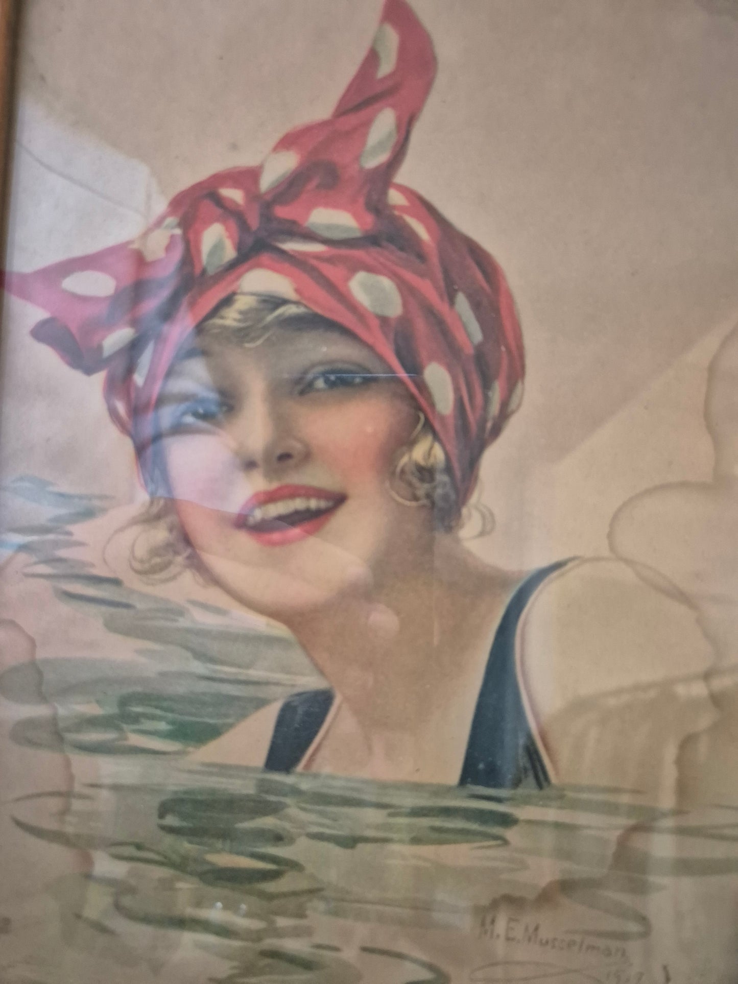 M.E. Musellman (XX) Grafik Lithographie Junges Mädel Gerahmt