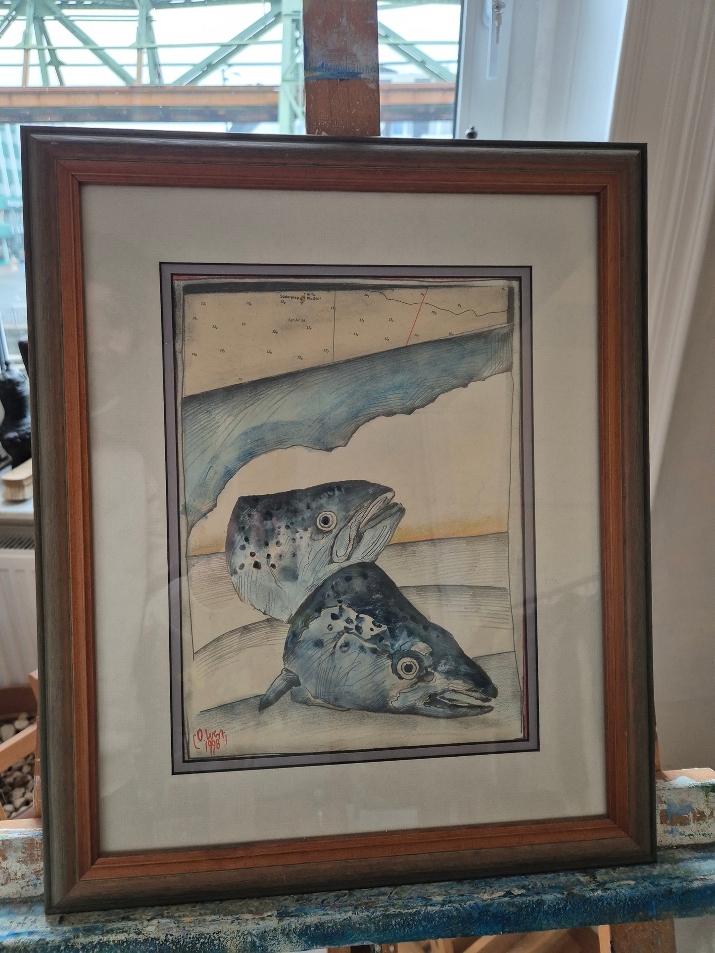 Ole West (XX) Aquarell Malerei Handsigniert Datiert 1998 zwei Fischköpfe