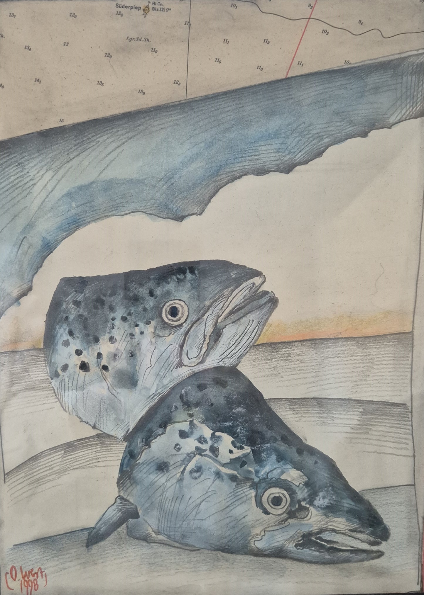 Ole West (XX) Aquarell Malerei Handsigniert Datiert 1998 zwei Fischköpfe