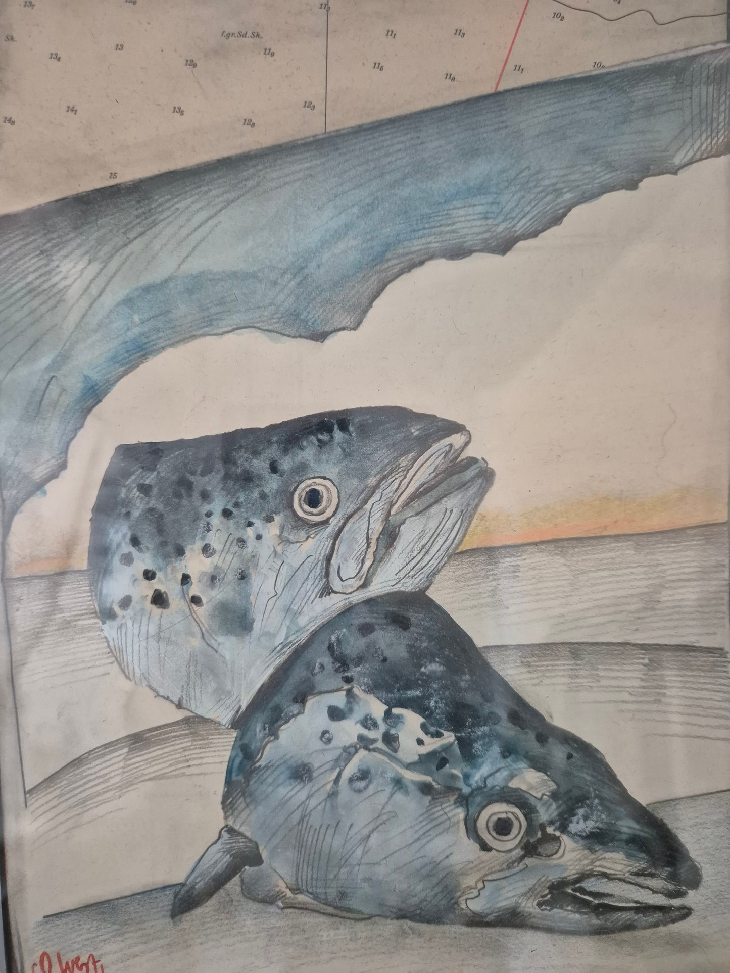 Ole West (XX) Aquarell Malerei Handsigniert Datiert 1998 zwei Fischköpfe