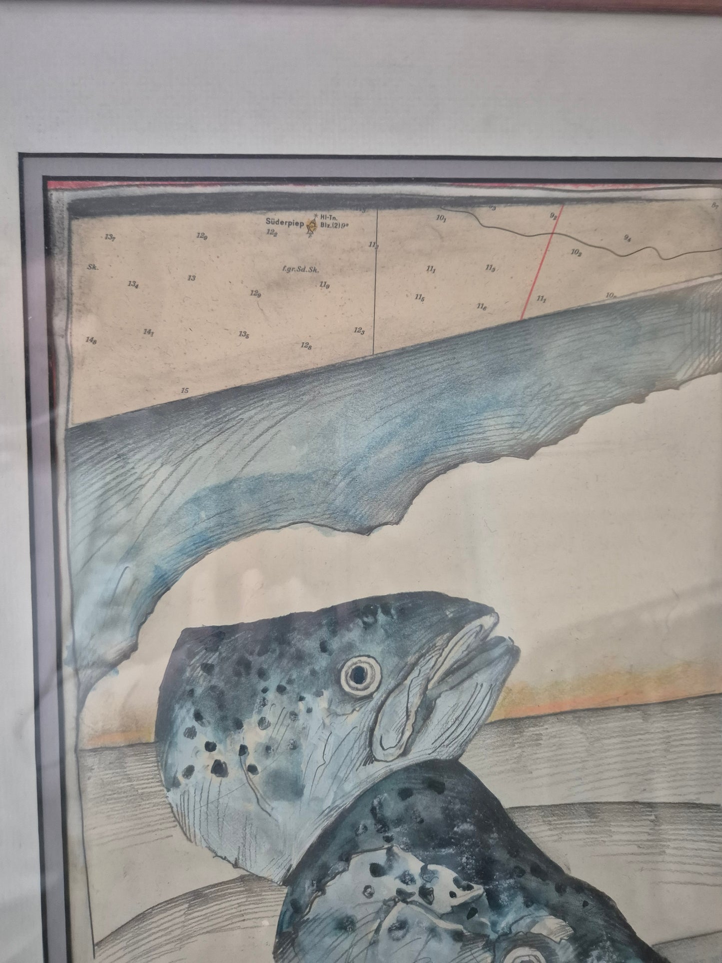 Ole West (XX) Aquarell Malerei Handsigniert Datiert 1998 zwei Fischköpfe
