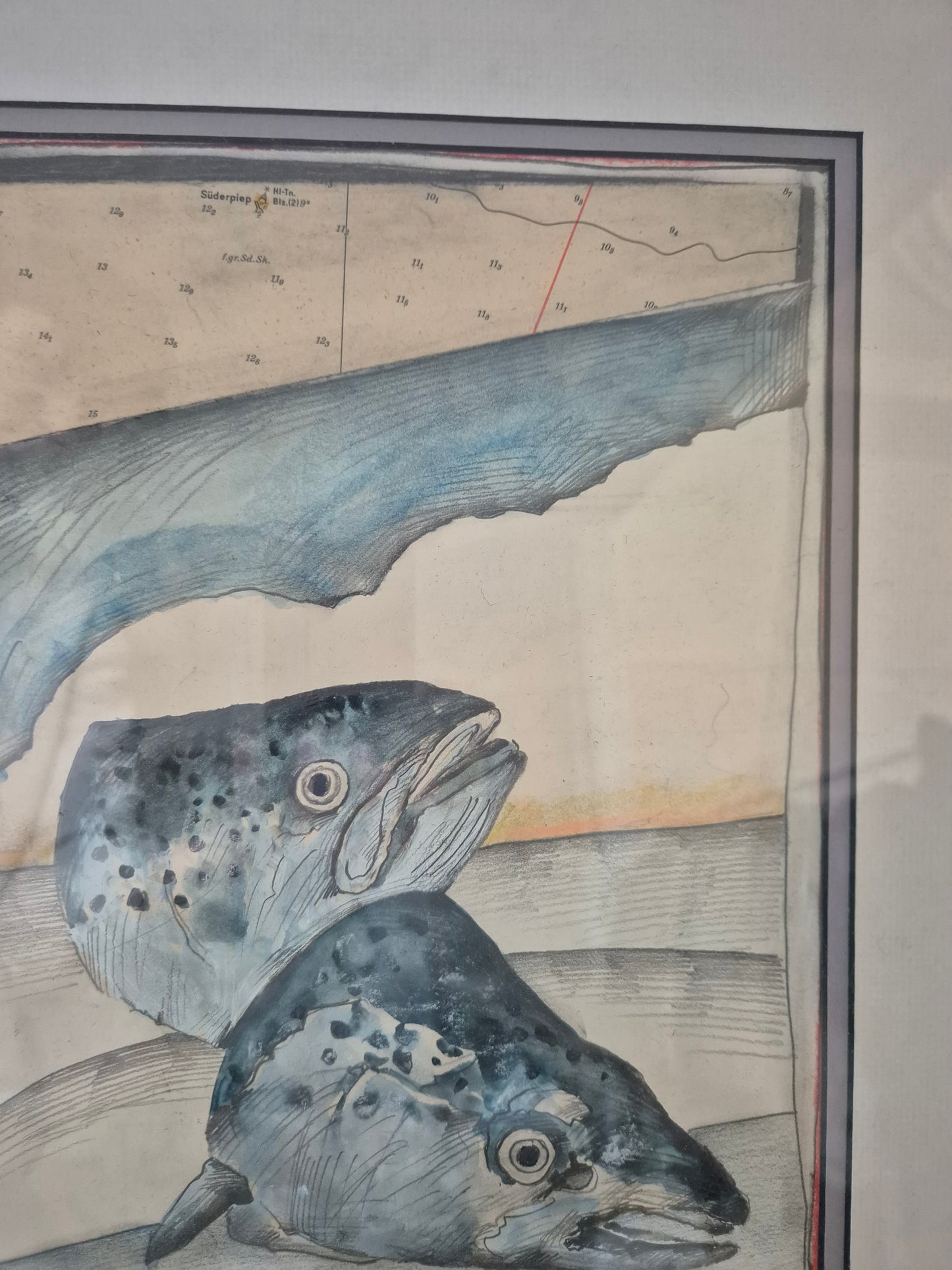 Ole West (XX) Aquarell Malerei Handsigniert Datiert 1998 zwei Fischköpfe