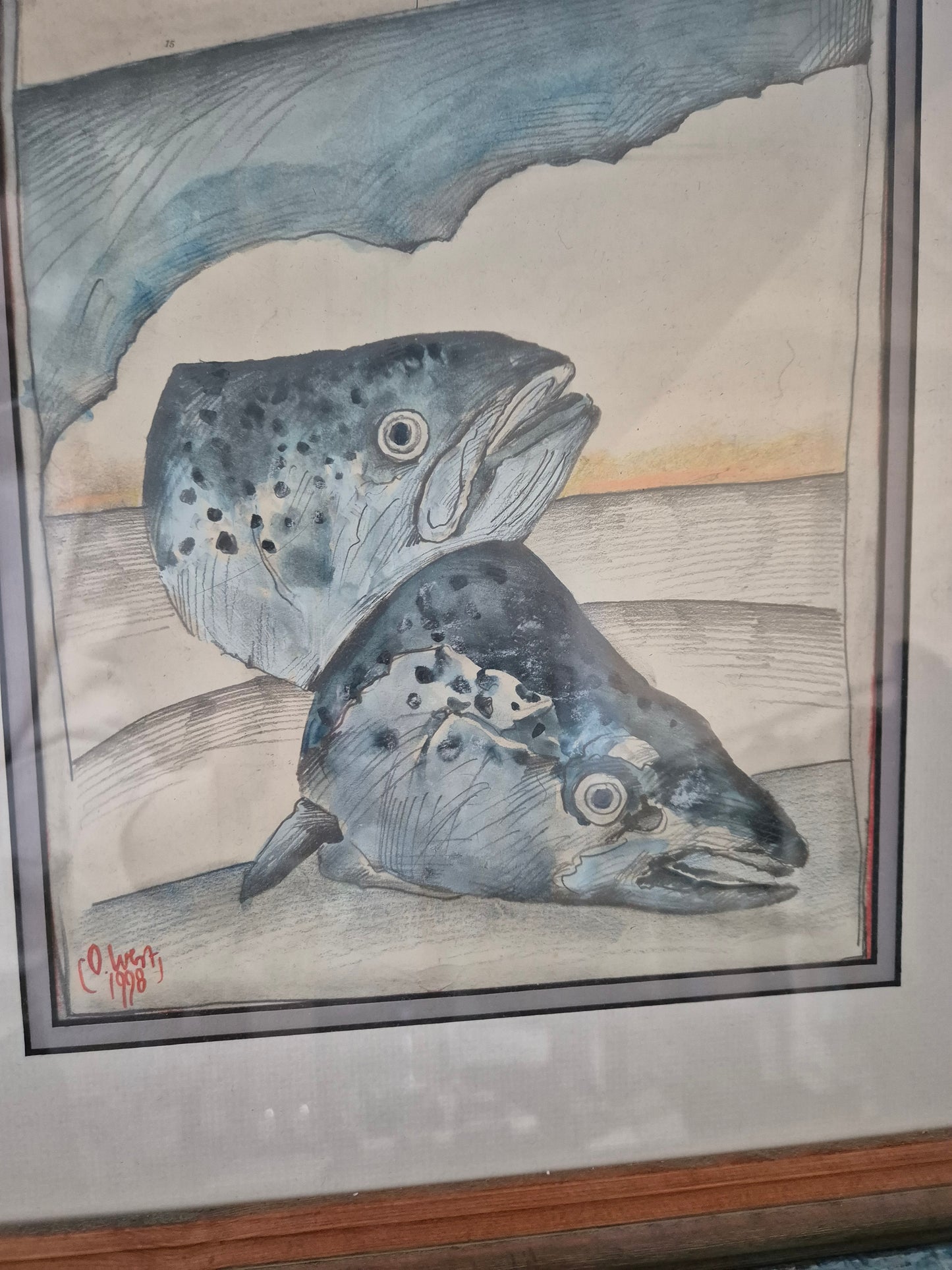 Ole West (XX) Aquarell Malerei Handsigniert Datiert 1998 zwei Fischköpfe