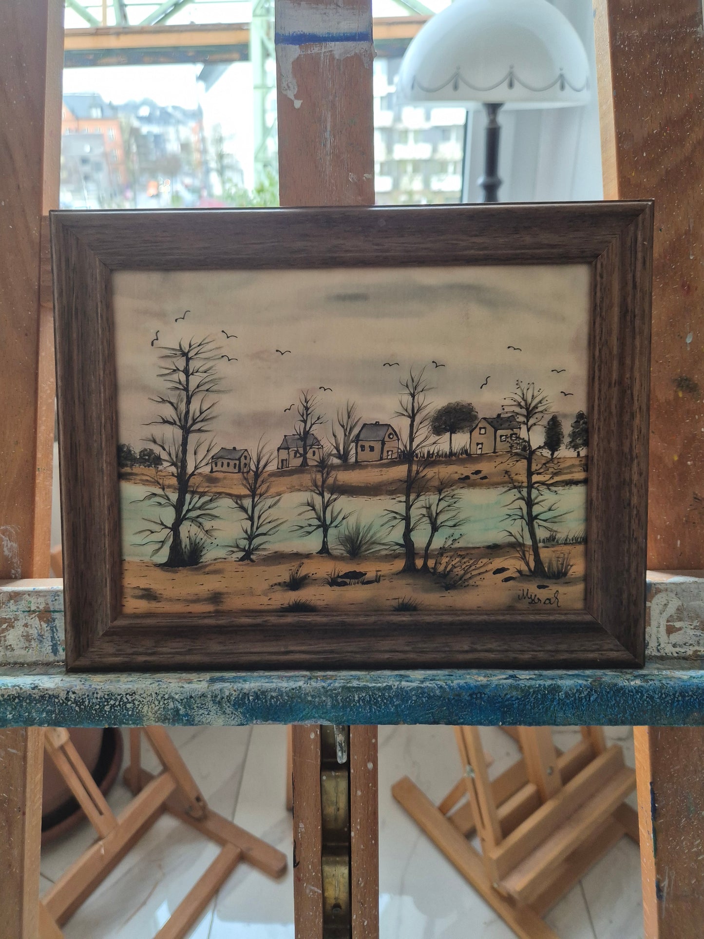 Maria Krah (XX) Seidenmalerei Naive Landschaft mit Häusern 19x24cm