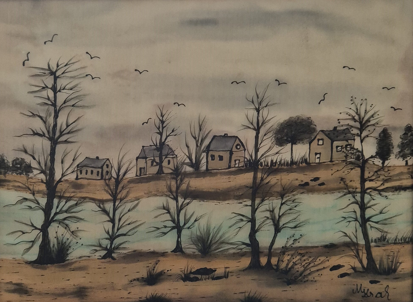 Maria Krah (XX) Seidenmalerei Naive Landschaft mit Häusern 19x24cm