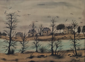 Maria Krah (XX) Seidenmalerei Naive Landschaft mit Häusern 19x24cm