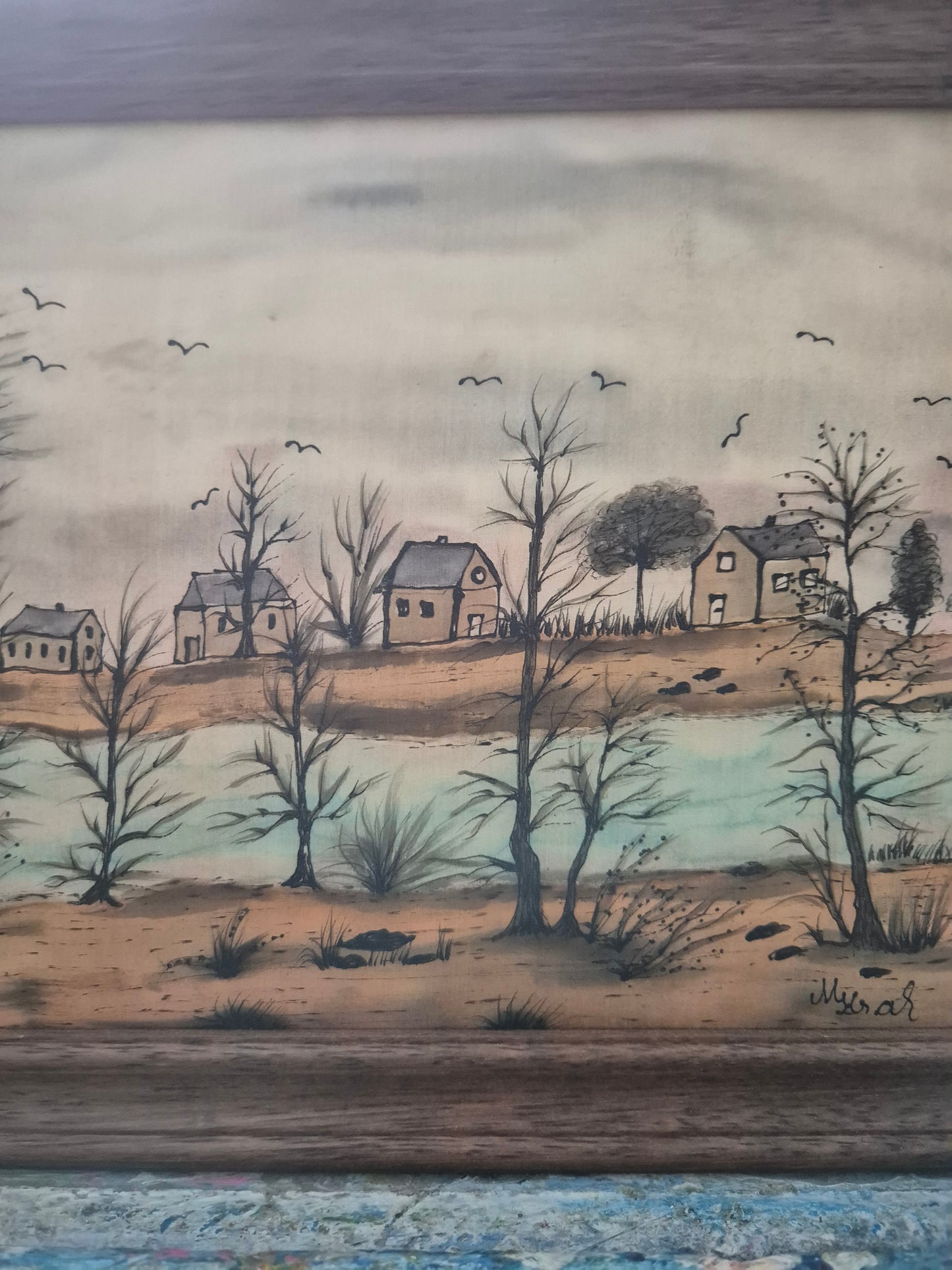 Maria Krah (XX) Seidenmalerei Naive Landschaft mit Häusern 19x24cm