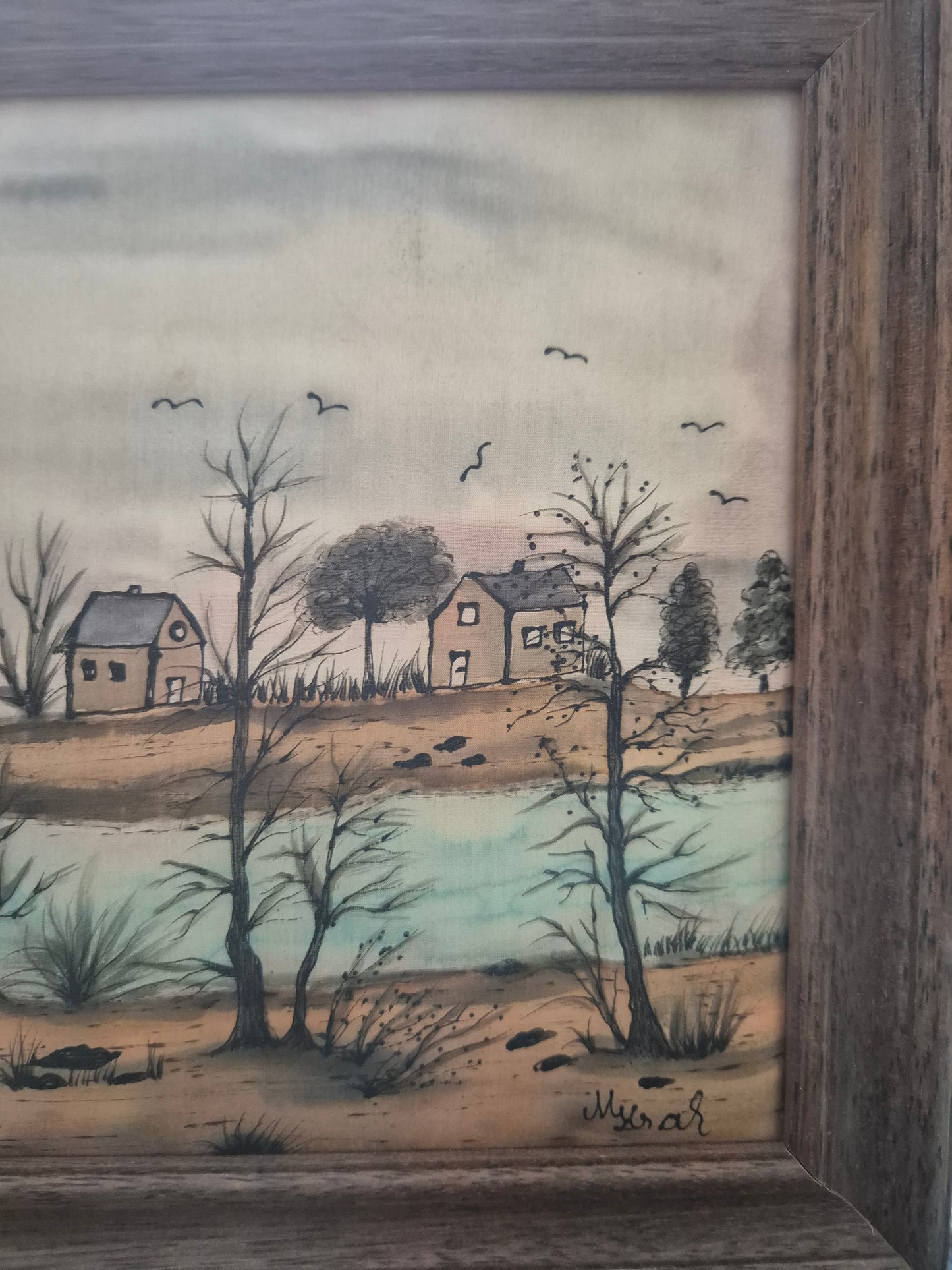 Maria Krah (XX) Seidenmalerei Naive Landschaft mit Häusern 19x24cm